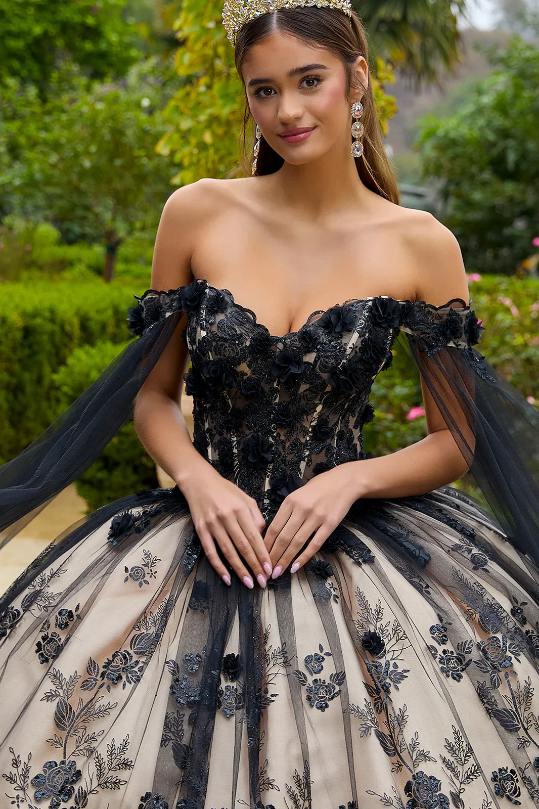 3-D Floral Applique Glitter Pattern Embellished Mesh Quinceanera Gown - Image 3