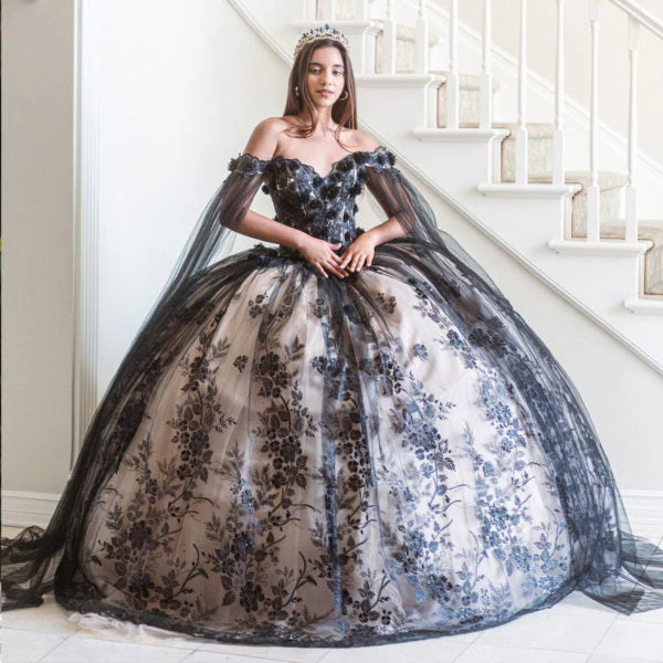 3-D Floral Applique Glitter Pattern Embellished Mesh Quinceanera Gown - Image 7
