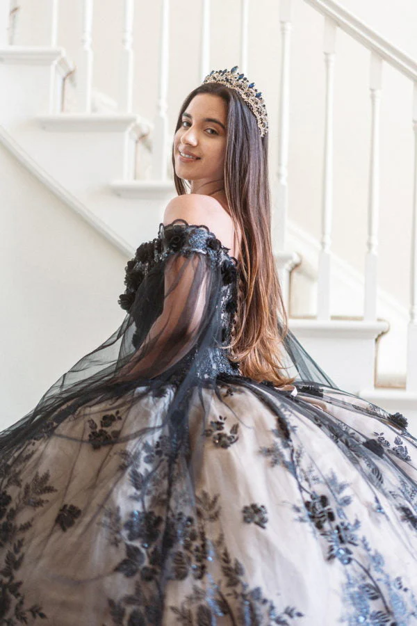 3-D Floral Applique Glitter Pattern Embellished Mesh Quinceanera Gown - Image 9