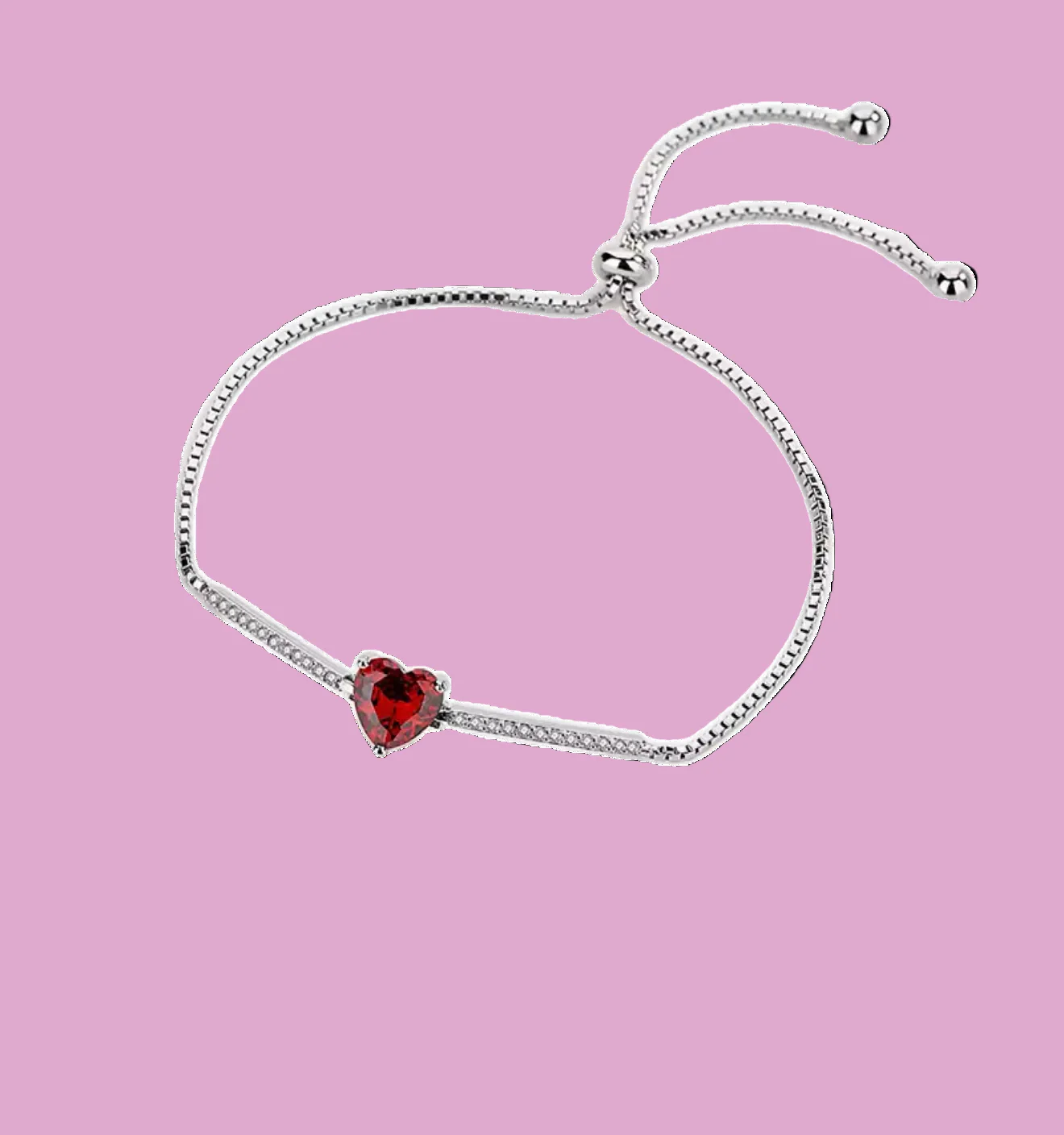 Silver Sterling 925 Adjustable Bracelet with Red CZ Heart - Pulcera Plata Corazon - Image 3