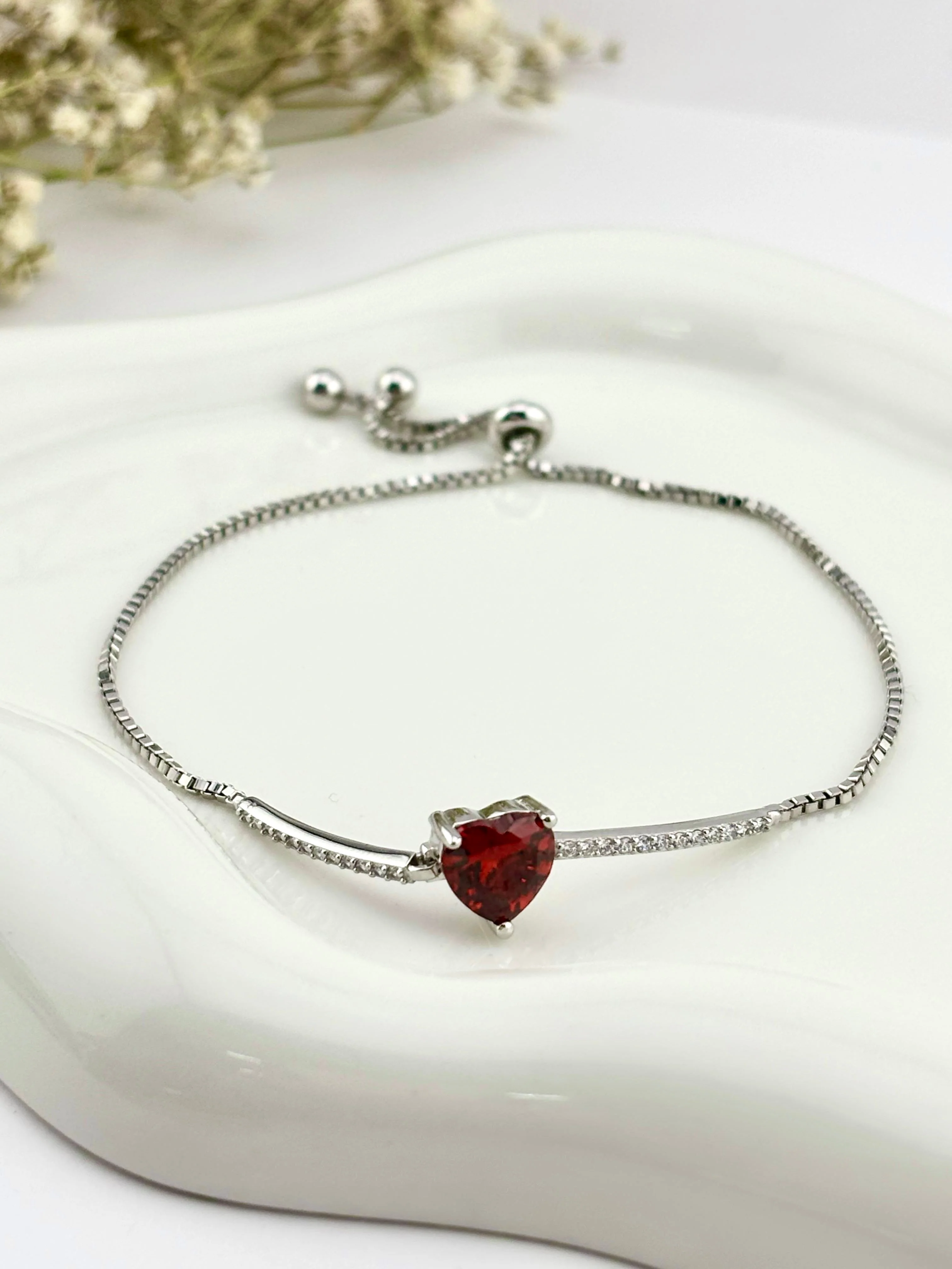 Silver Sterling 925 Adjustable Bracelet with Red CZ Heart - Pulcera Plata Corazon - Image 4