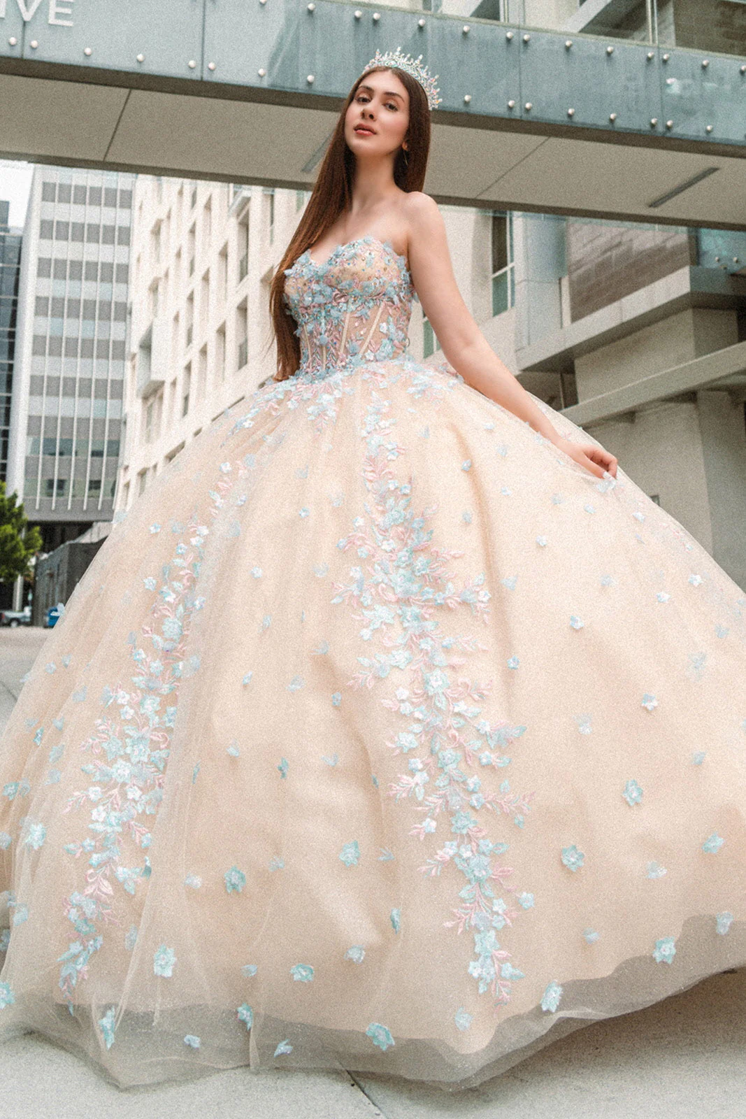 Beads Embellished Glitter Print Sweetheart Quinceanera Dress w/ detachable puff sleeve - Image 6