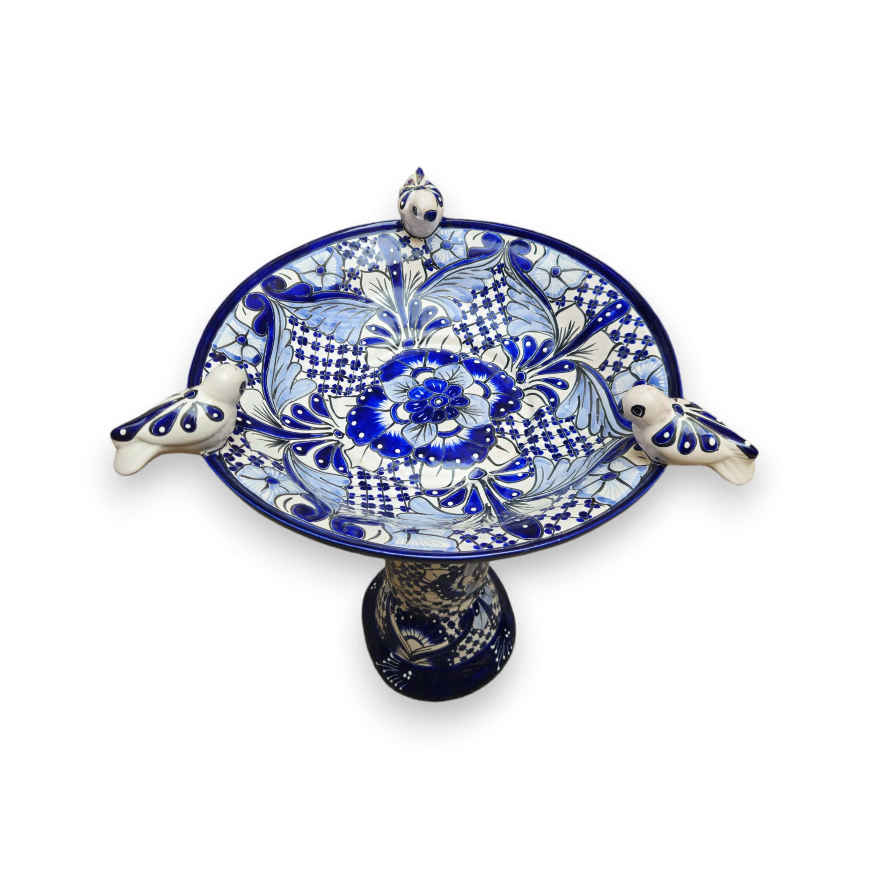 Blue & White Talavera Frog Fountain with Rim Birds | Mexican Garden - Image 3