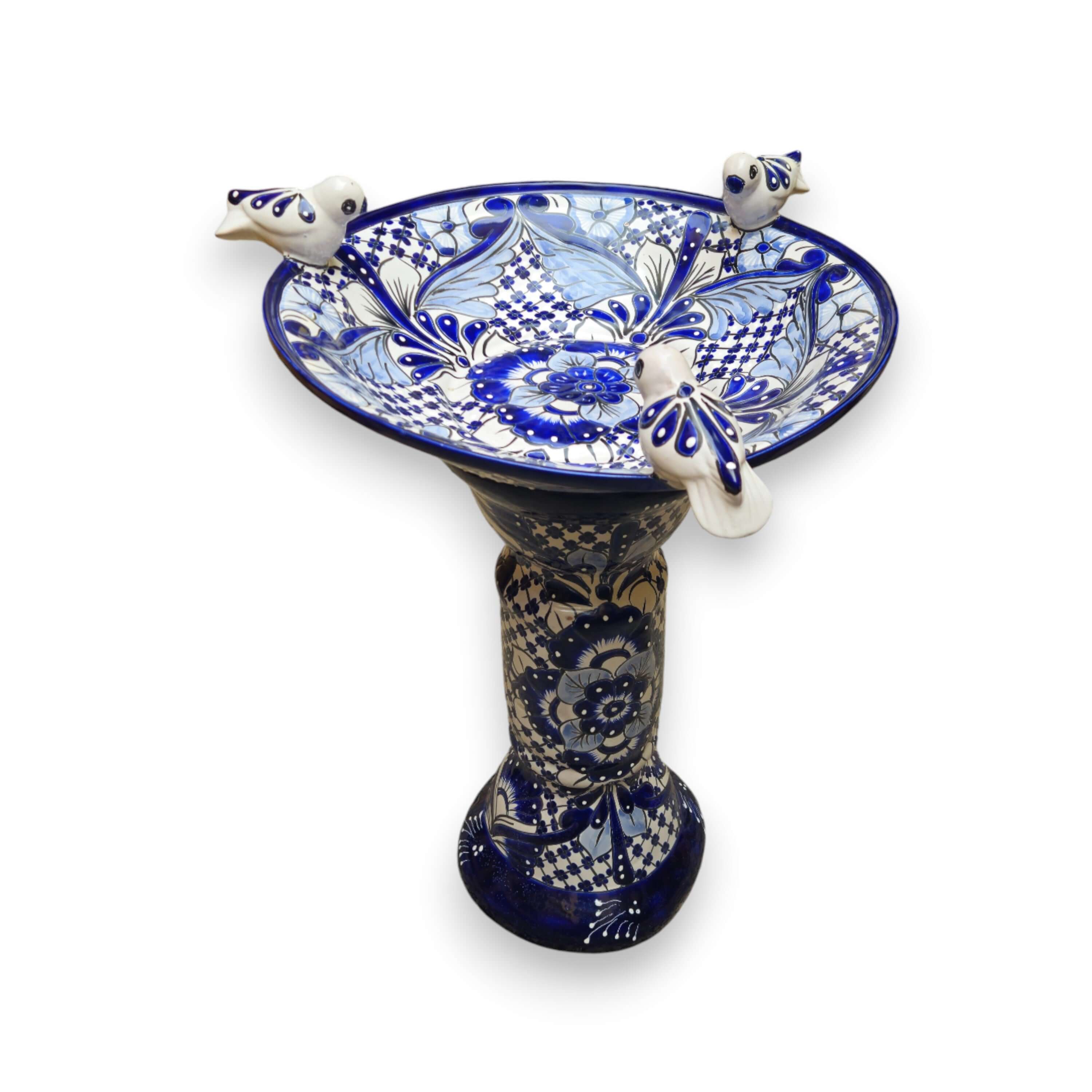 Blue & White Talavera Frog Fountain with Rim Birds | Mexican Garden - Image 4