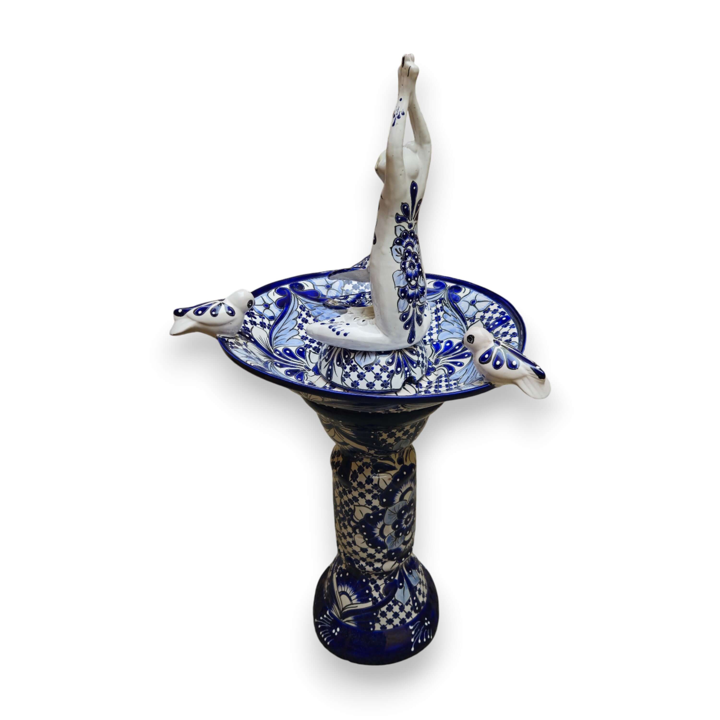 Blue & White Talavera Frog Fountain with Rim Birds | Mexican Garden - Image 5