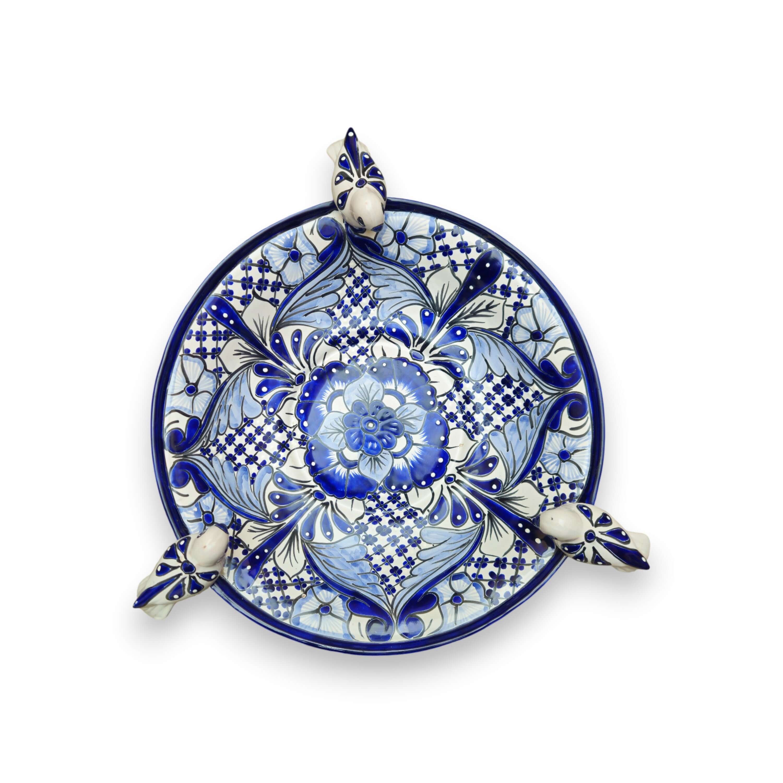 Blue & White Talavera Frog Fountain with Rim Birds | Mexican Garden - Image 6