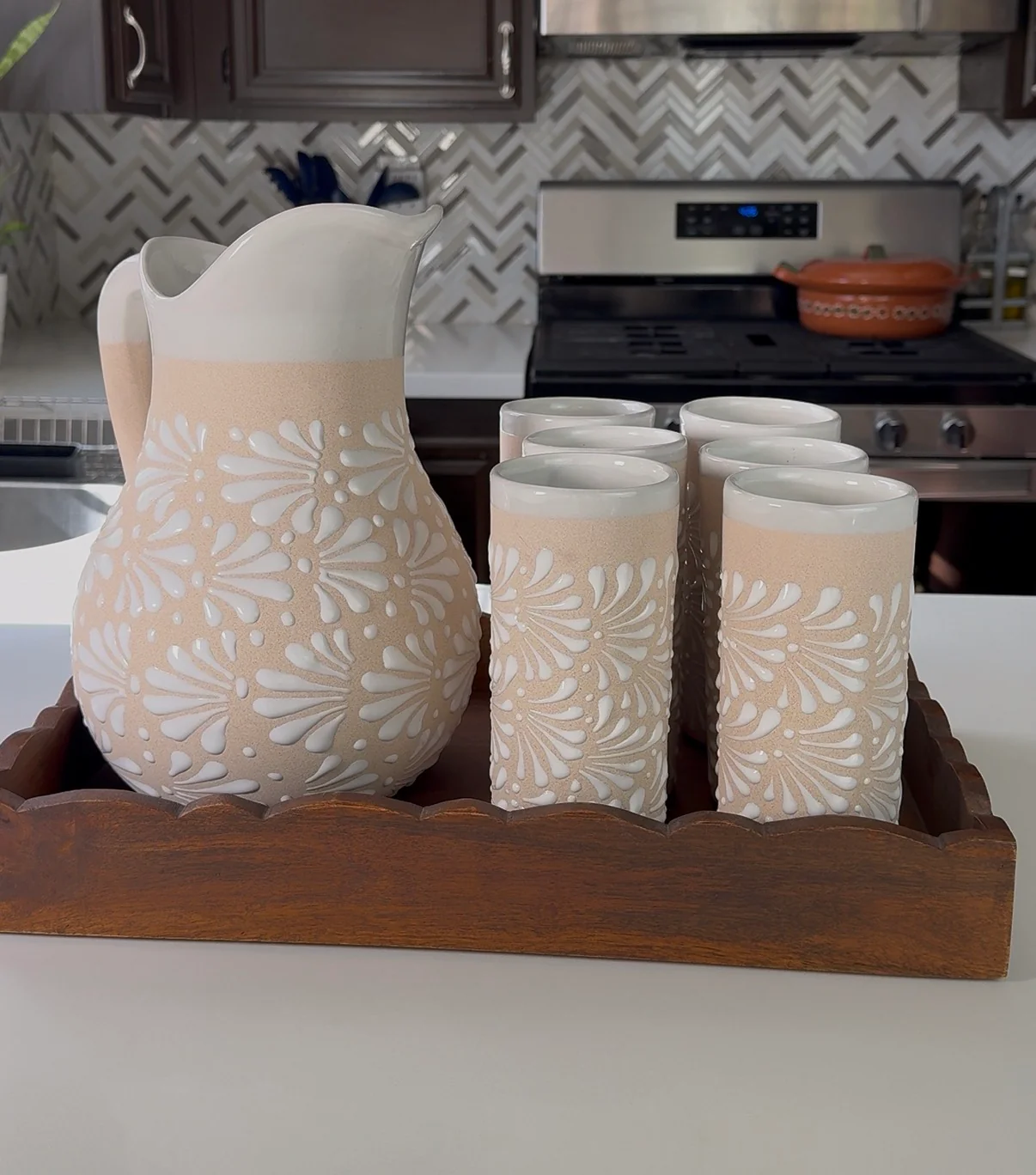 Talavera Style Pitcher Set 7pc Pink Brown White - Juego Jarra - Image 11