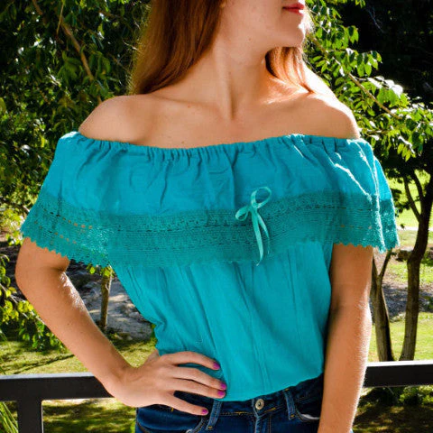 Campesina Off the Shoulder Blouse Teal - Image 3