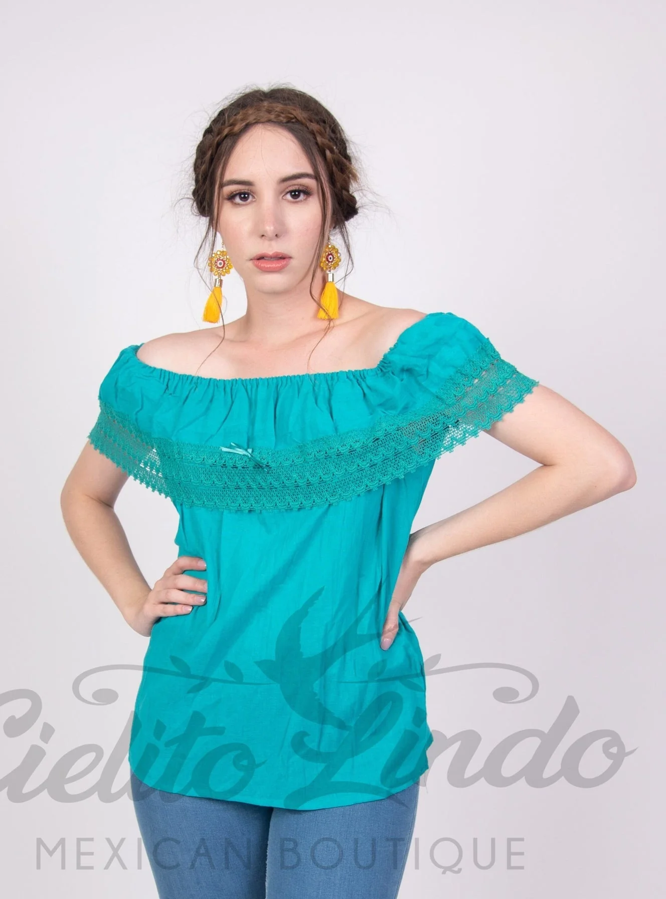 Campesina Off the Shoulder Blouse Teal - Image 4