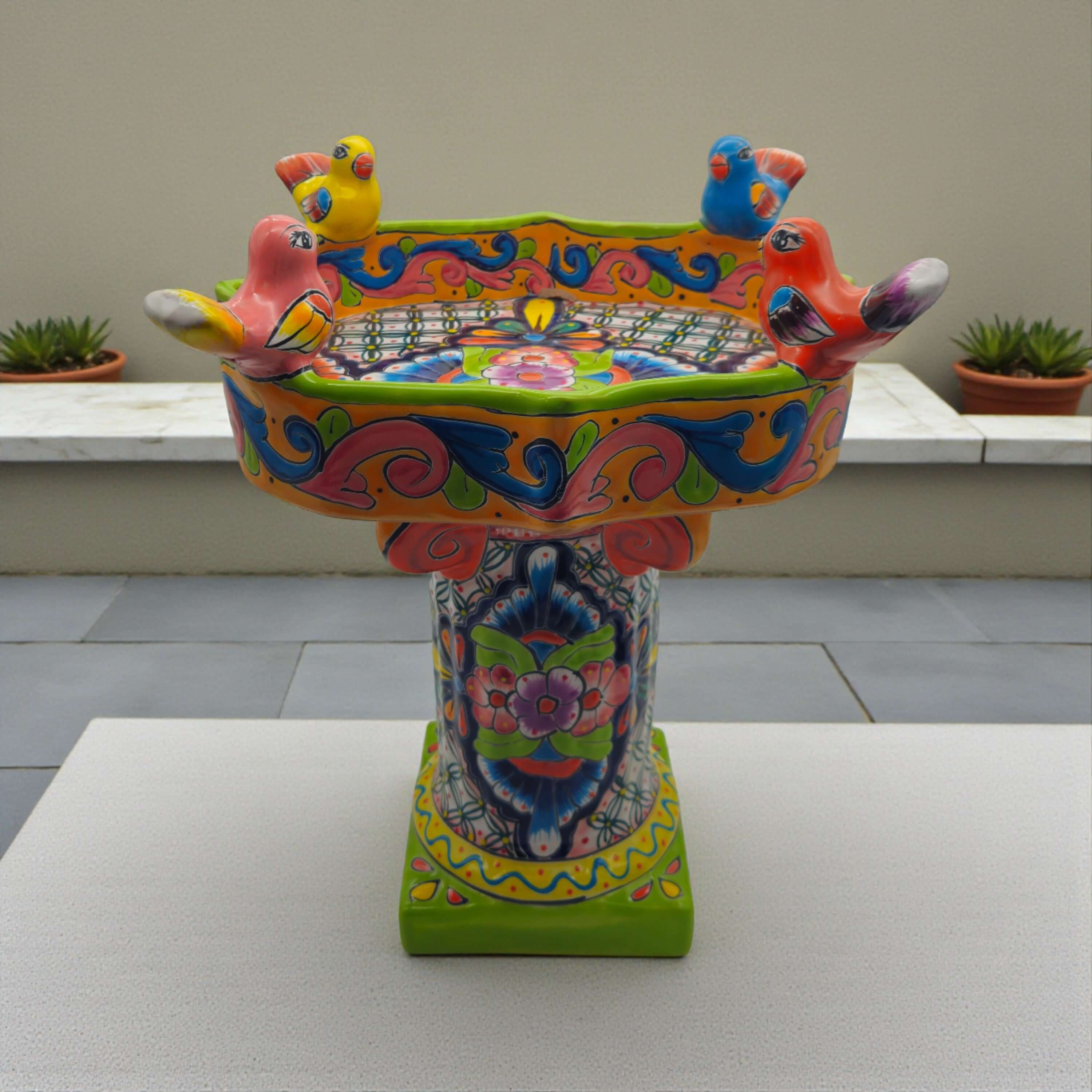 Colorful Talavera Bird Bath | Hand-Painted Ceramic Garden Art - Image 4