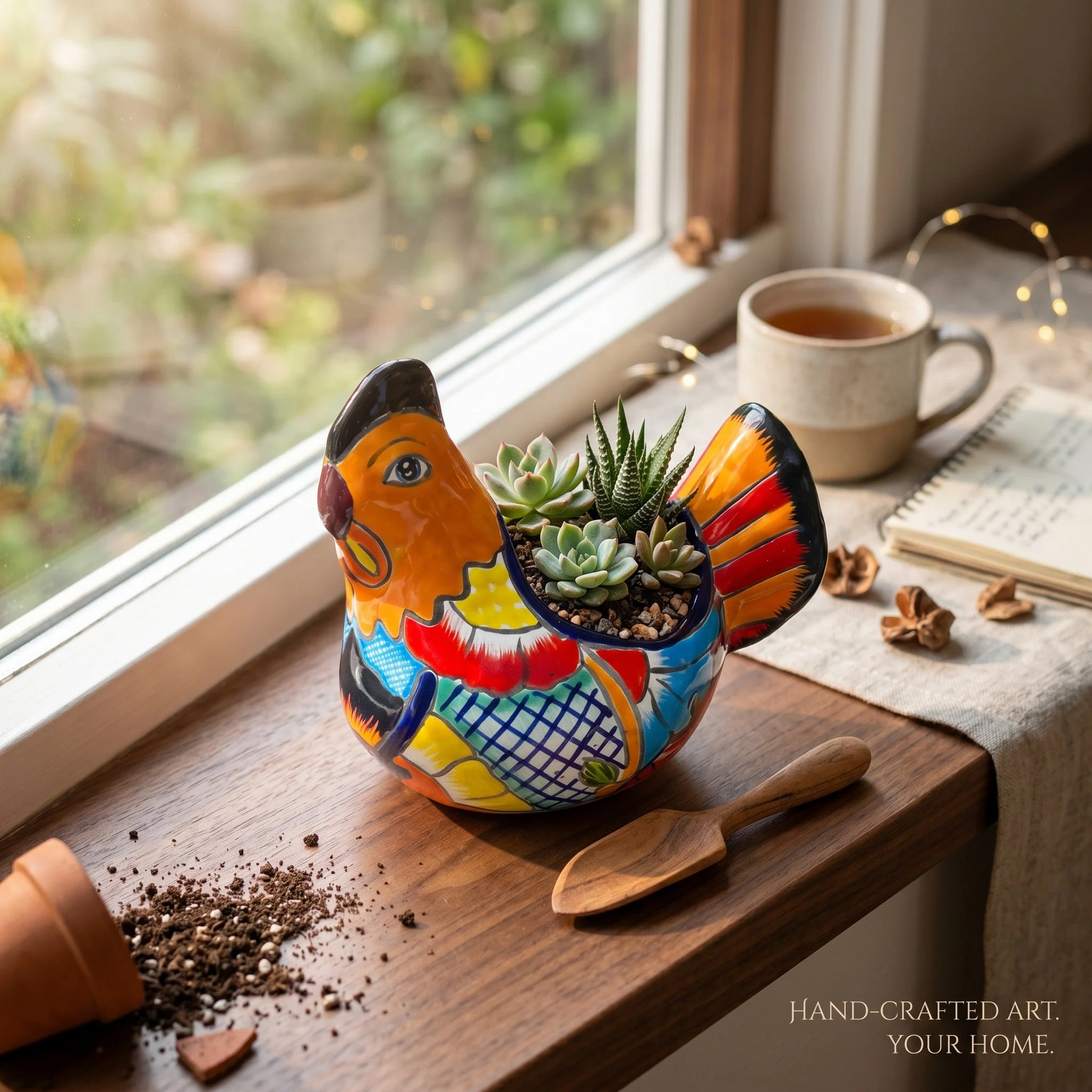 Colorful Talavera Chicken Planter | Mexican Ceramic Art - Image 2