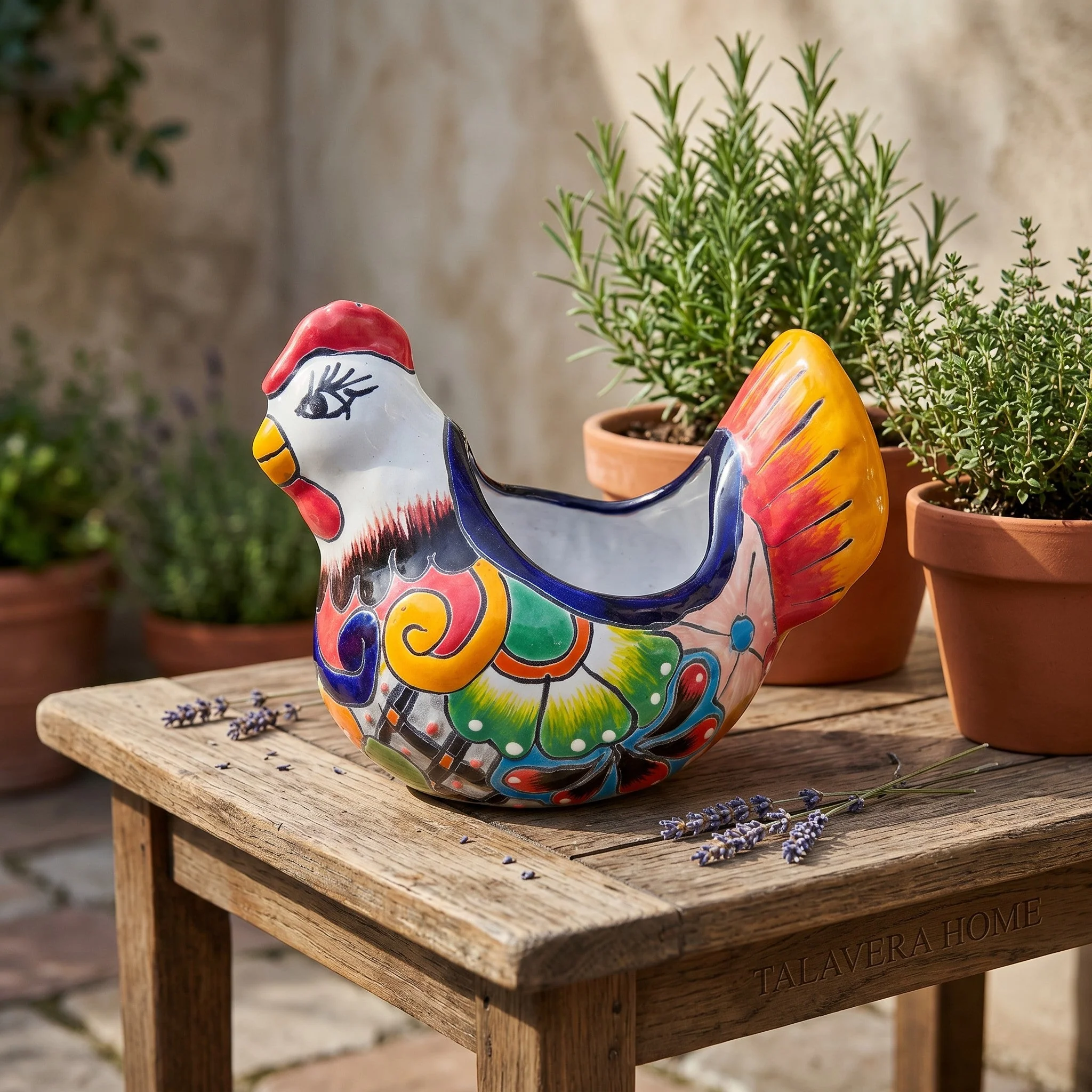 Colorful Talavera Chicken Planter | Mexican Ceramic Art - Image 3