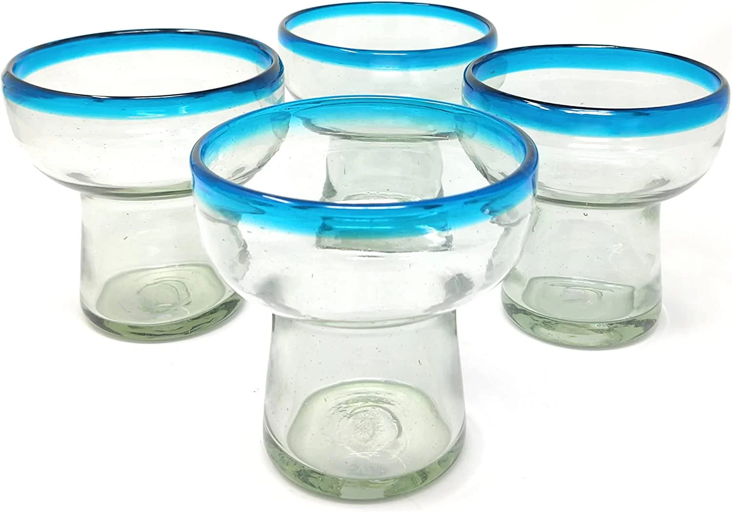 Dos Sueños Mexican Hand Blown Glass – Set of 4 Hand Blown Stemless Aqua Rim Margarita Glasses (14oz)