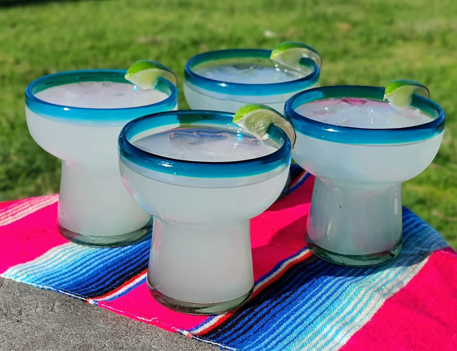 Dos Sueños Mexican Hand Blown Glass – Set of 4 Hand Blown Stemless Aqua Rim Margarita Glasses (14oz) - Image 2