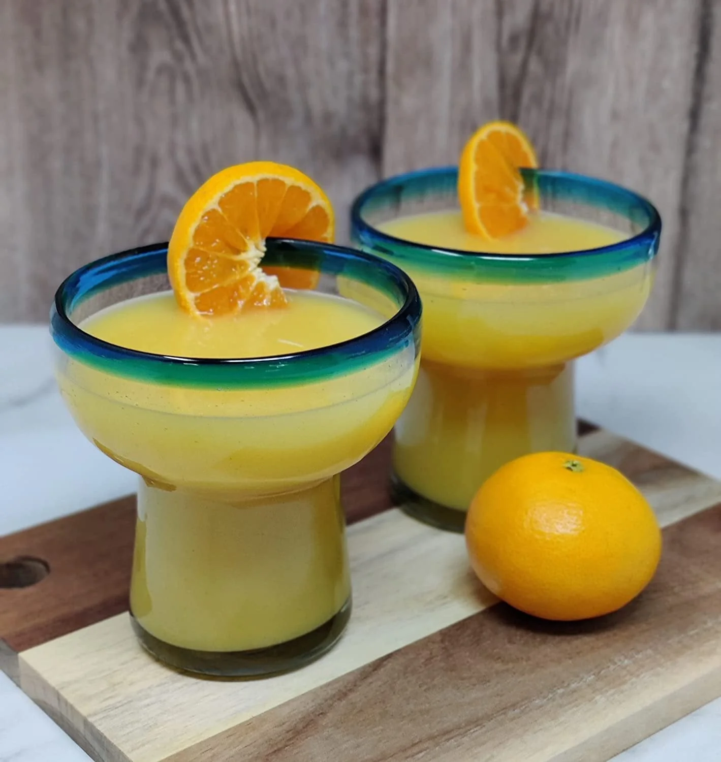 Dos Sueños Mexican Hand Blown Glass – Set of 4 Hand Blown Stemless Aqua Rim Margarita Glasses (14oz) - Image 4