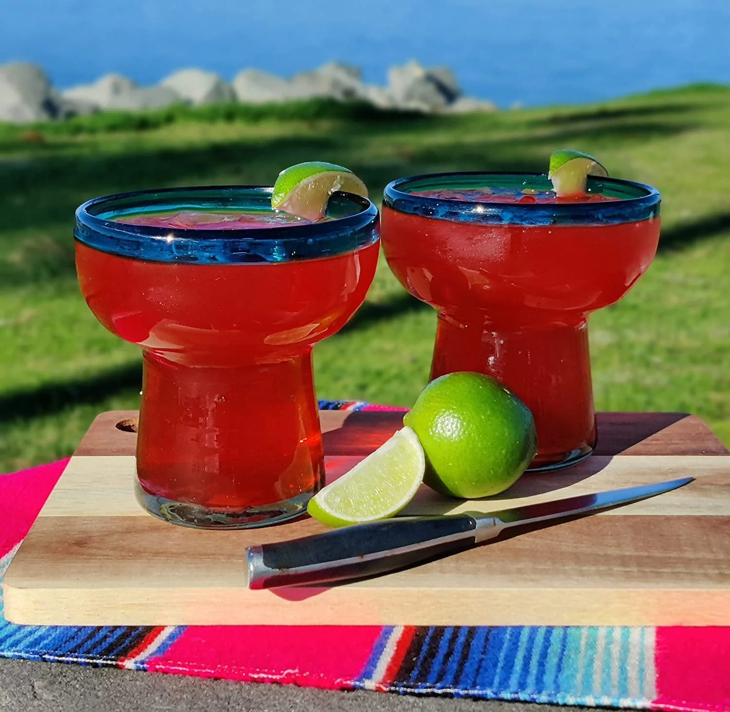 Dos Sueños Mexican Hand Blown Glass – Set of 4 Hand Blown Stemless Aqua Rim Margarita Glasses (14oz) - Image 6