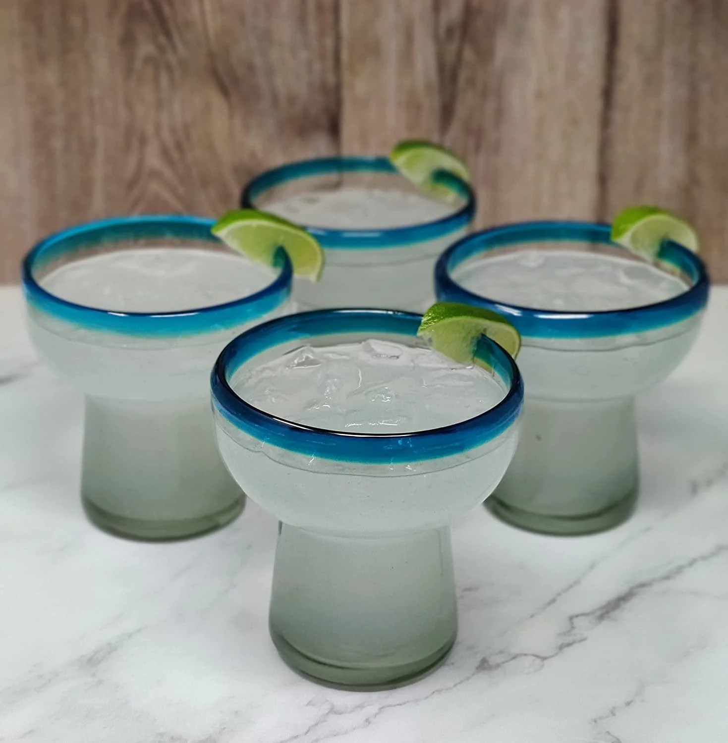 Dos Sueños Mexican Hand Blown Glass – Set of 4 Hand Blown Stemless Aqua Rim Margarita Glasses (14oz) - Image 7