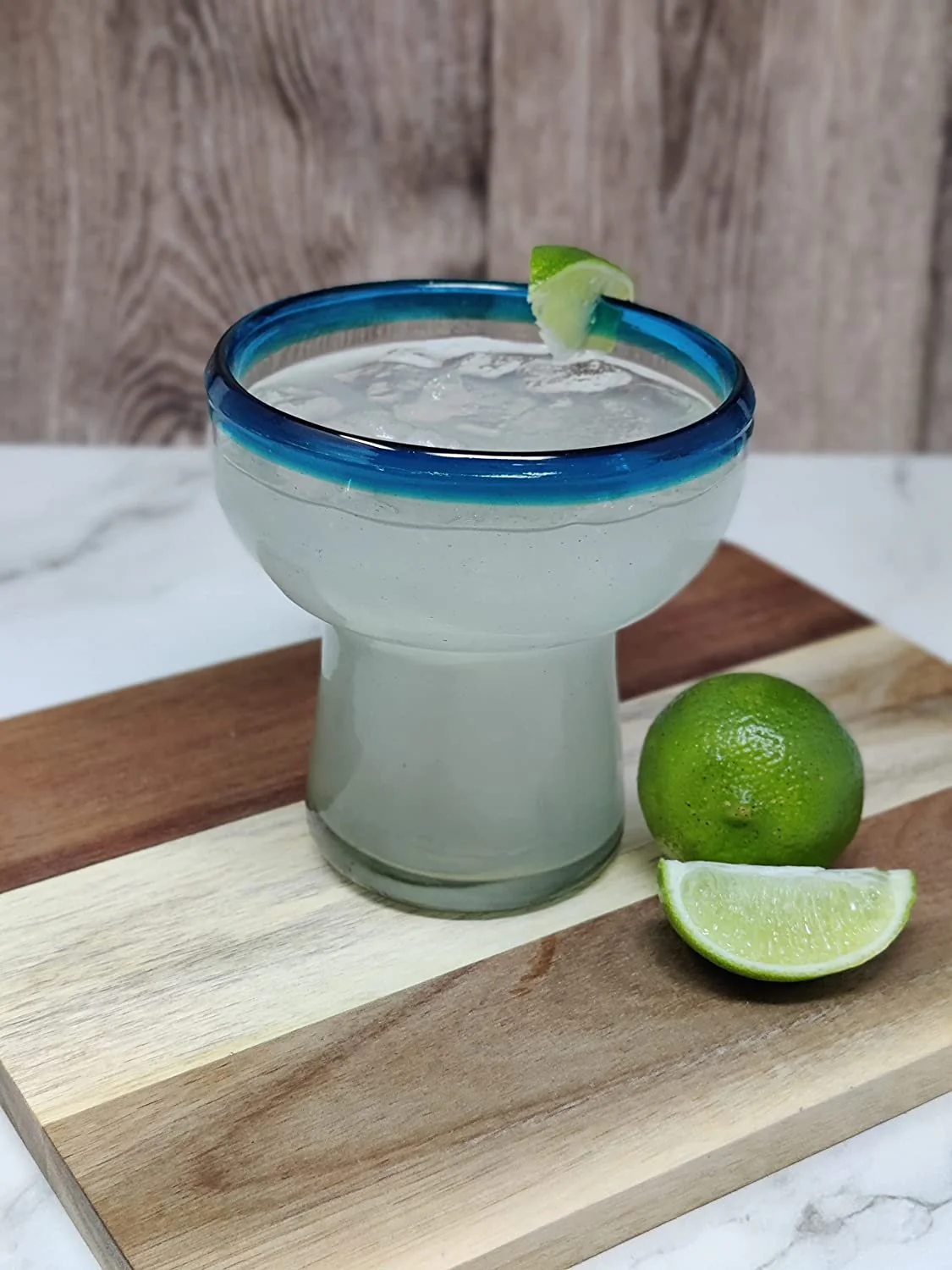 Dos Sueños Mexican Hand Blown Glass – Set of 4 Hand Blown Stemless Aqua Rim Margarita Glasses (14oz) - Image 8