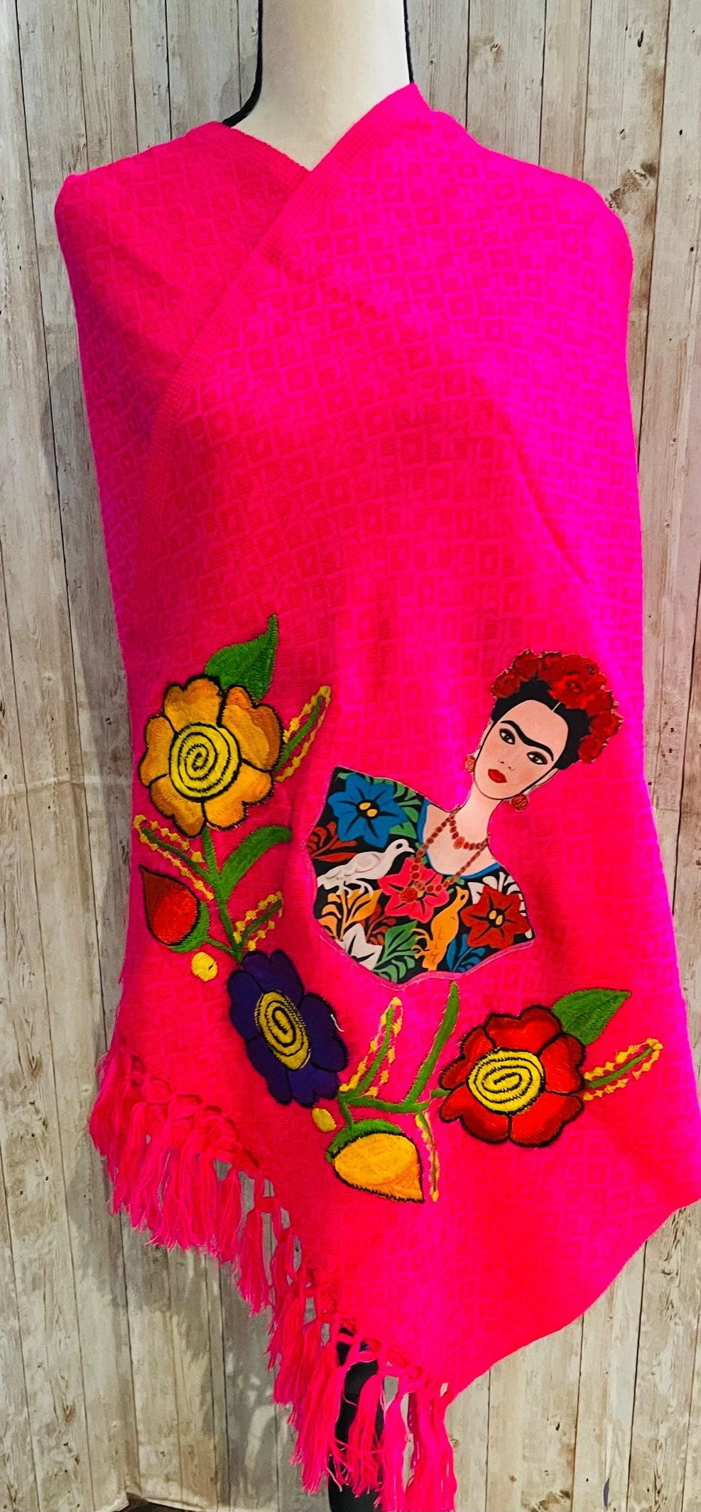 Hot Pink Frida Kahlo Embroidered Shawl - Rebosos Bordado - Image 3