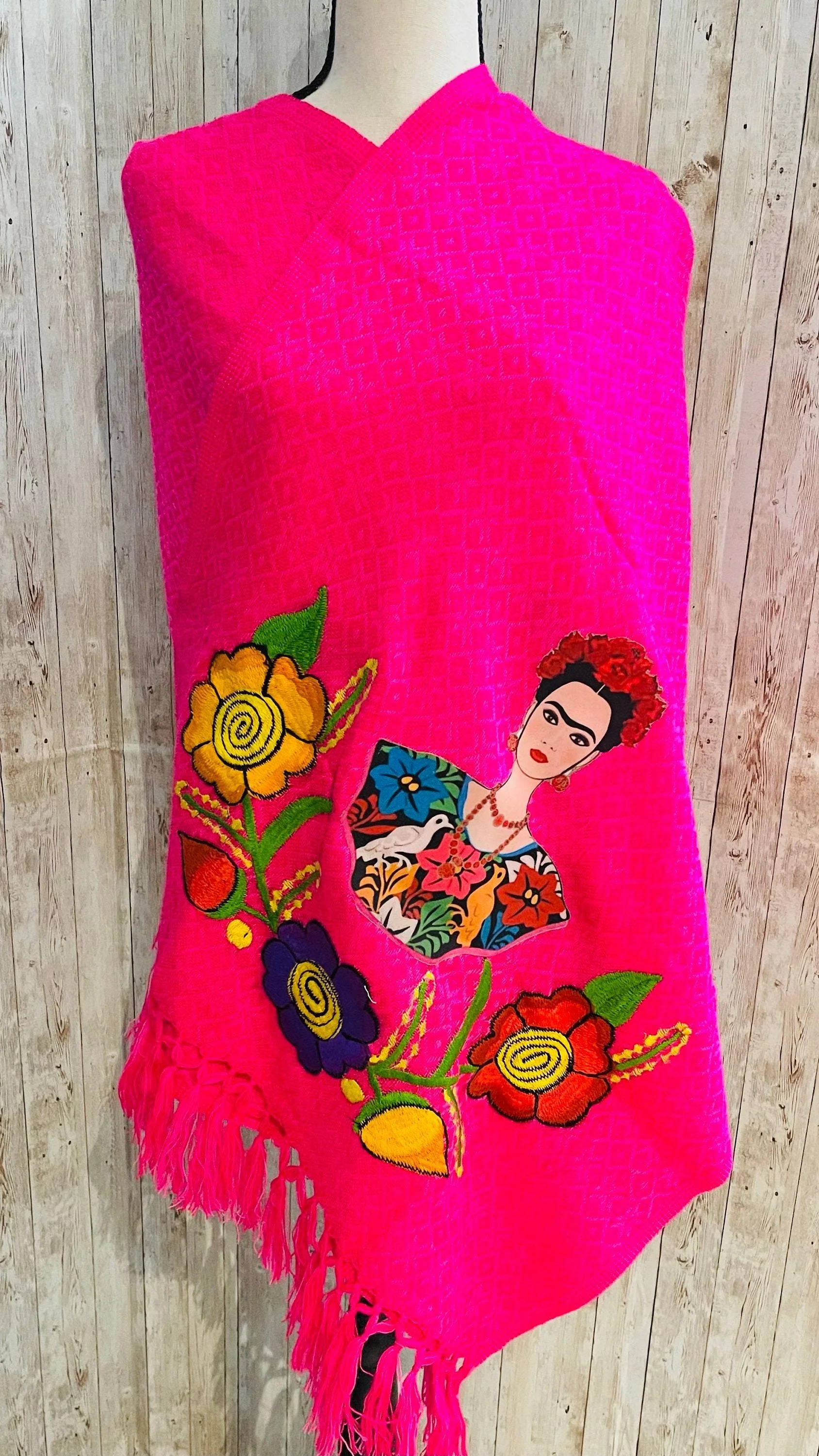 Hot Pink Frida Kahlo Embroidered Shawl - Rebosos Bordado - Image 4
