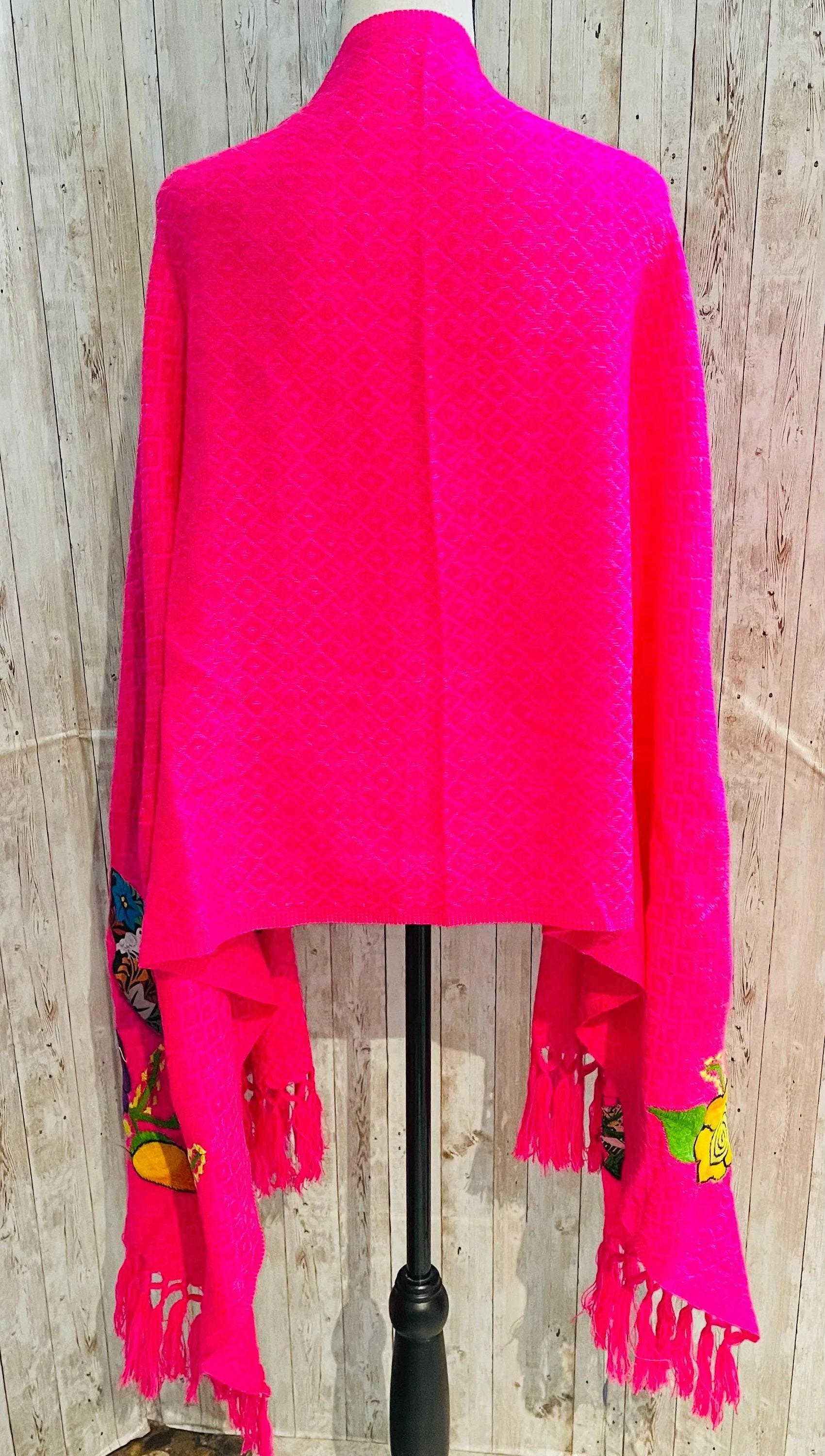 Hot Pink Frida Kahlo Embroidered Shawl - Rebosos Bordado - Image 5