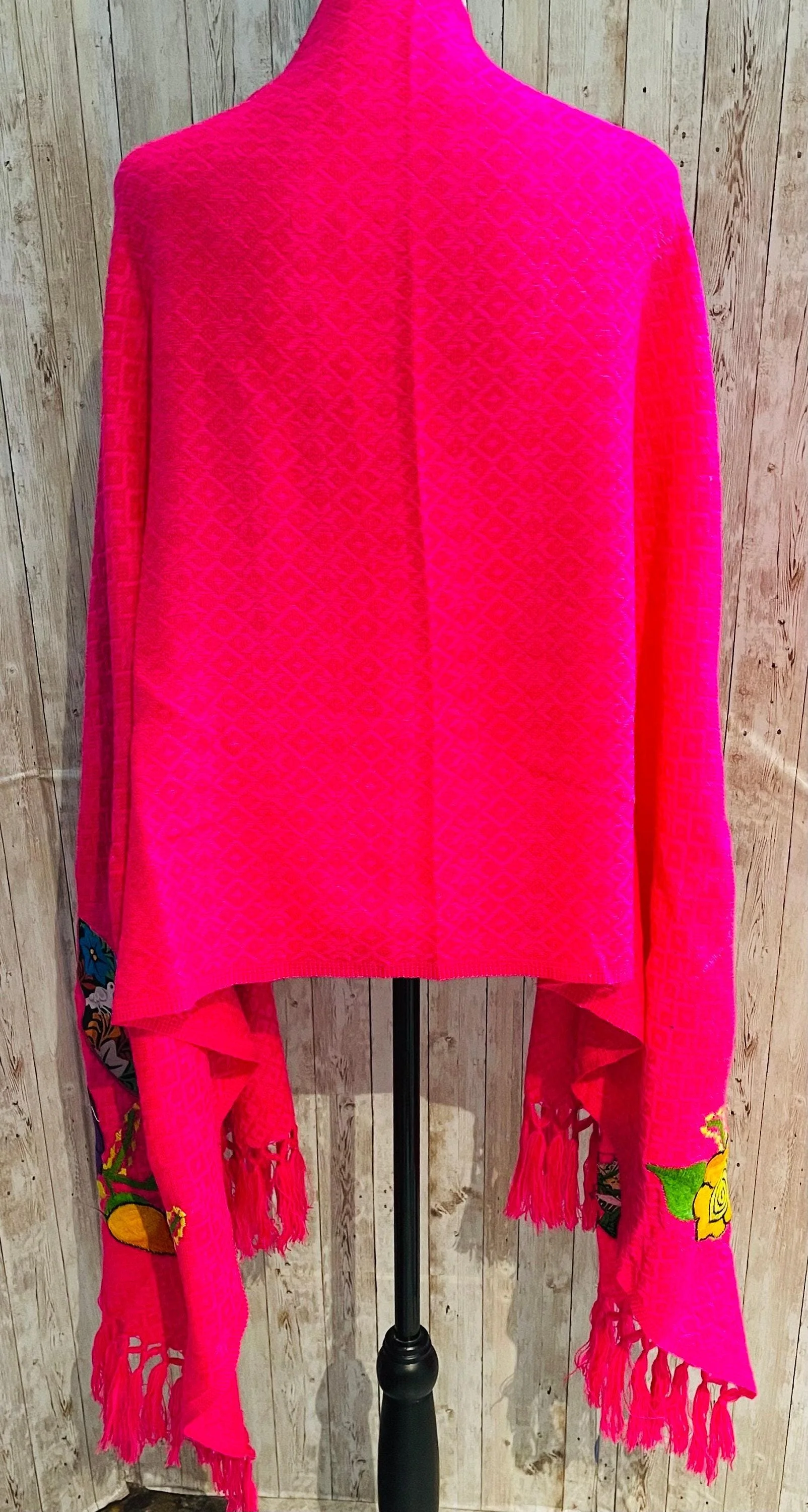 Hot Pink Frida Kahlo Embroidered Shawl - Rebosos Bordado - Image 6
