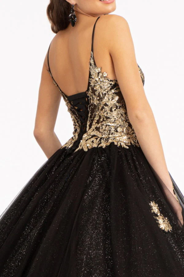 Glitter Embellished Mesh Quinceanera Gown w/ Sequin and Sheer Bodice (Petticoat Included) - Image 4