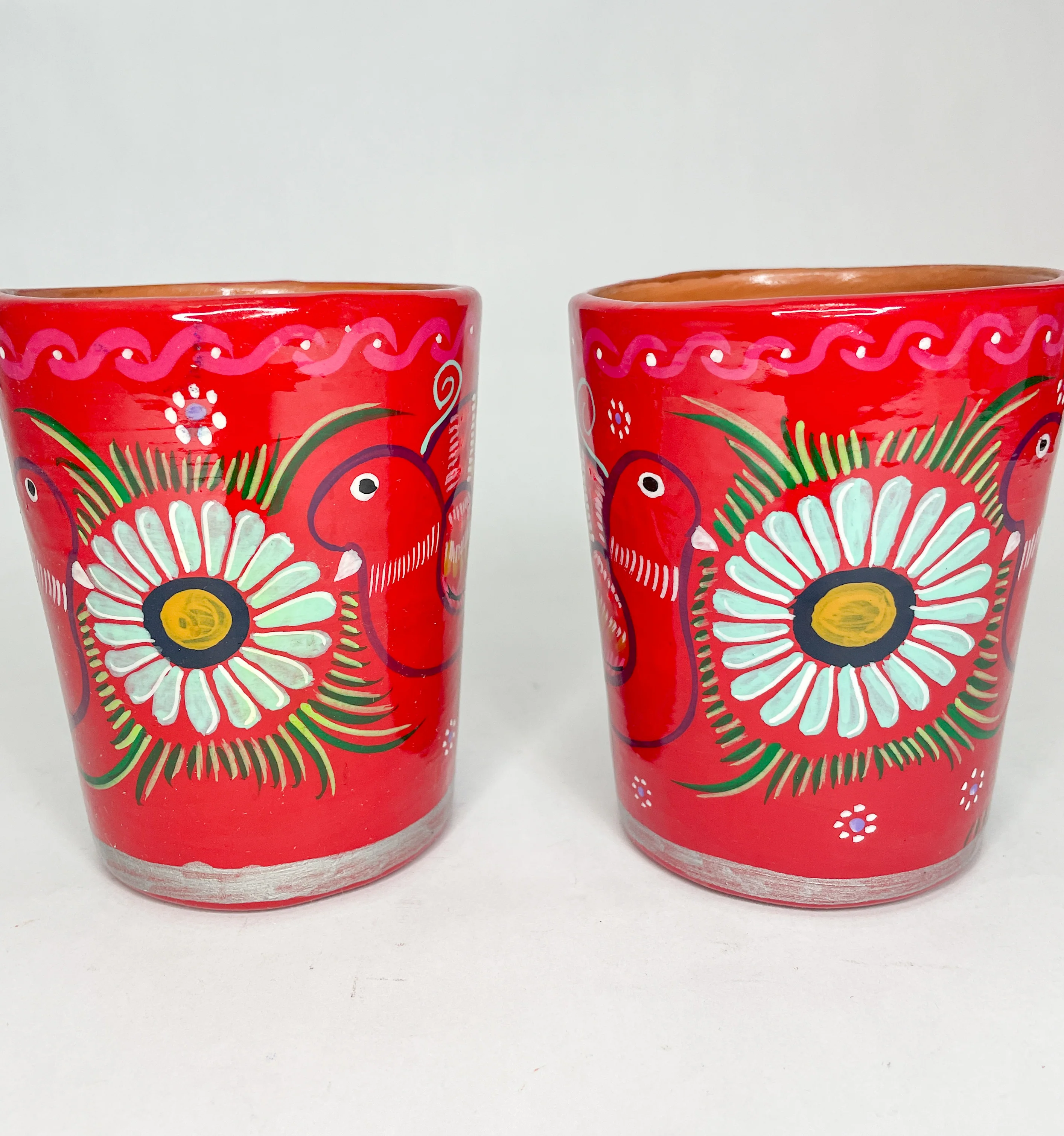 Guerrero Cups 2Pc Set Mexican Clay Tazas de Barro Cups Hand Painted Mexican Clay Mug Mexican Cups
