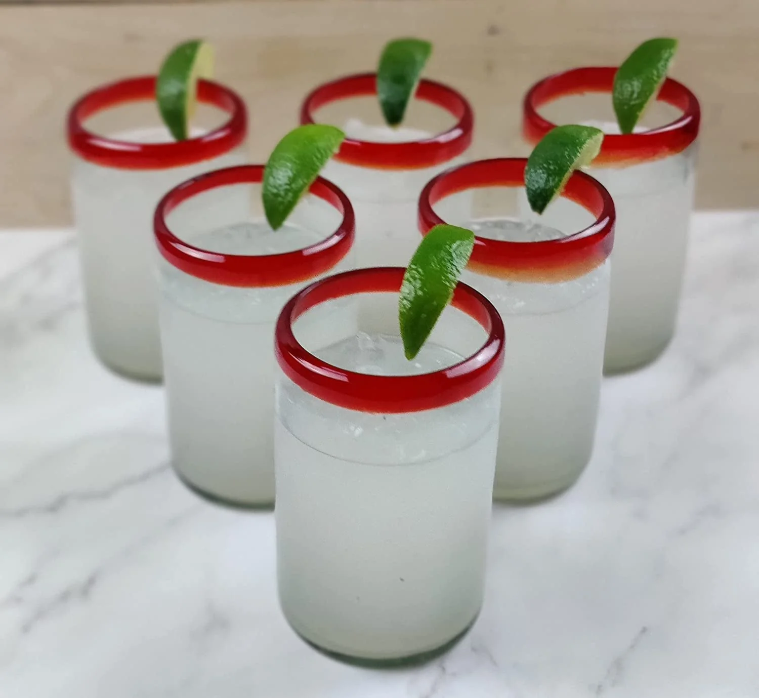 Hand Blown Mexican Drinking Glasses - Set of 6 Glasses with Red Rims (14 oz each) - Image 2