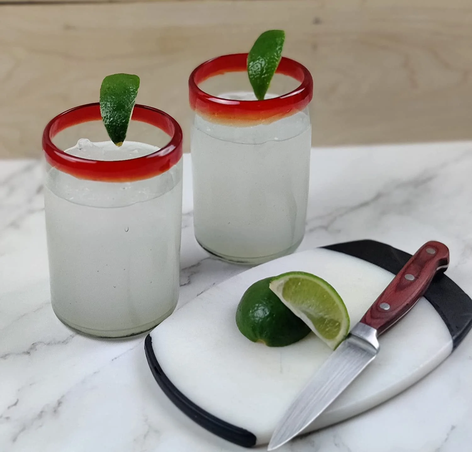 Hand Blown Mexican Drinking Glasses - Set of 6 Glasses with Red Rims (14 oz each) - Image 4