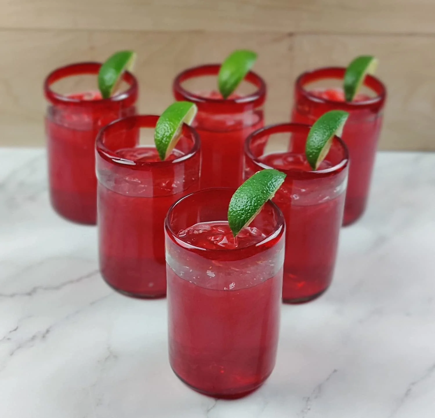 Hand Blown Mexican Drinking Glasses - Set of 6 Glasses with Red Rims (14 oz each) - Image 5