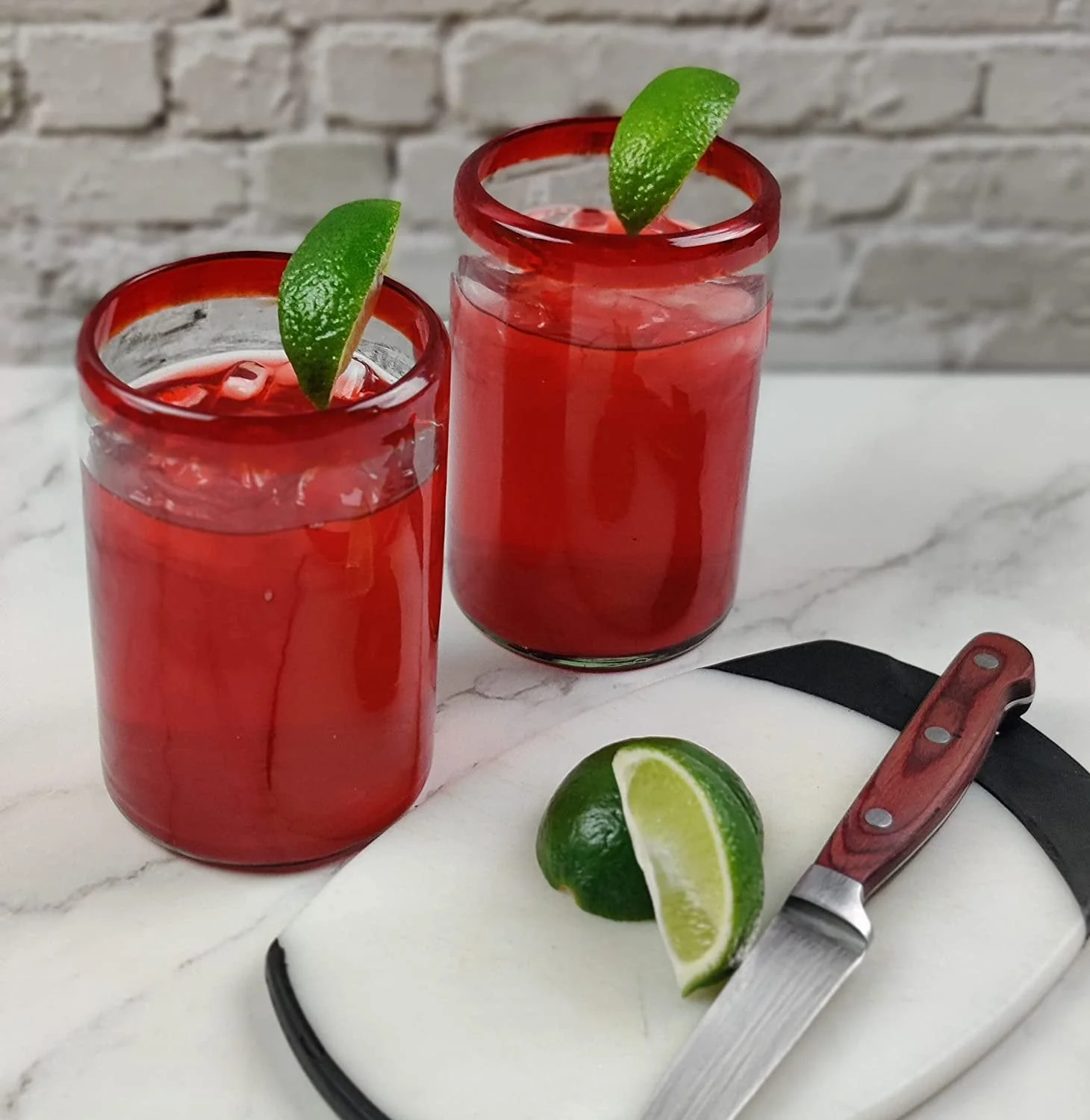Hand Blown Mexican Drinking Glasses - Set of 6 Glasses with Red Rims (14 oz each) - Image 7