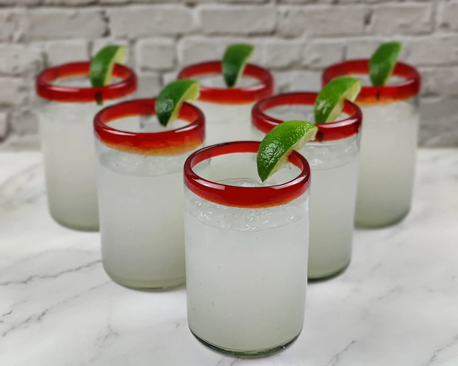 Hand Blown Mexican Drinking Glasses - Set of 6 Glasses with Red Rims (14 oz each) - Image 8