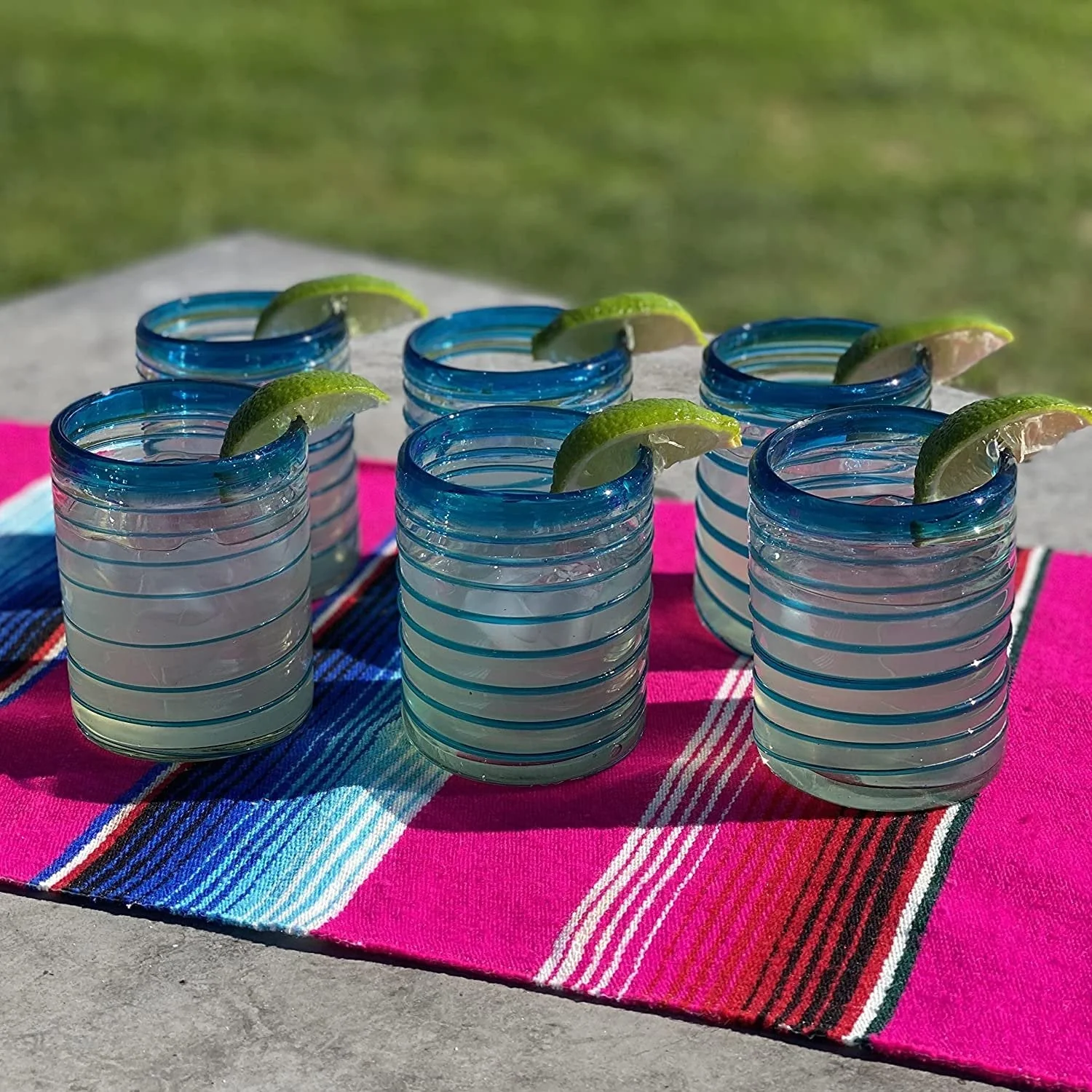Hand Blown Mexican Drinking Glasses – Set of 6 Tumbler Glasses with an Aqua Spiral Design (10 oz each) - Image 2