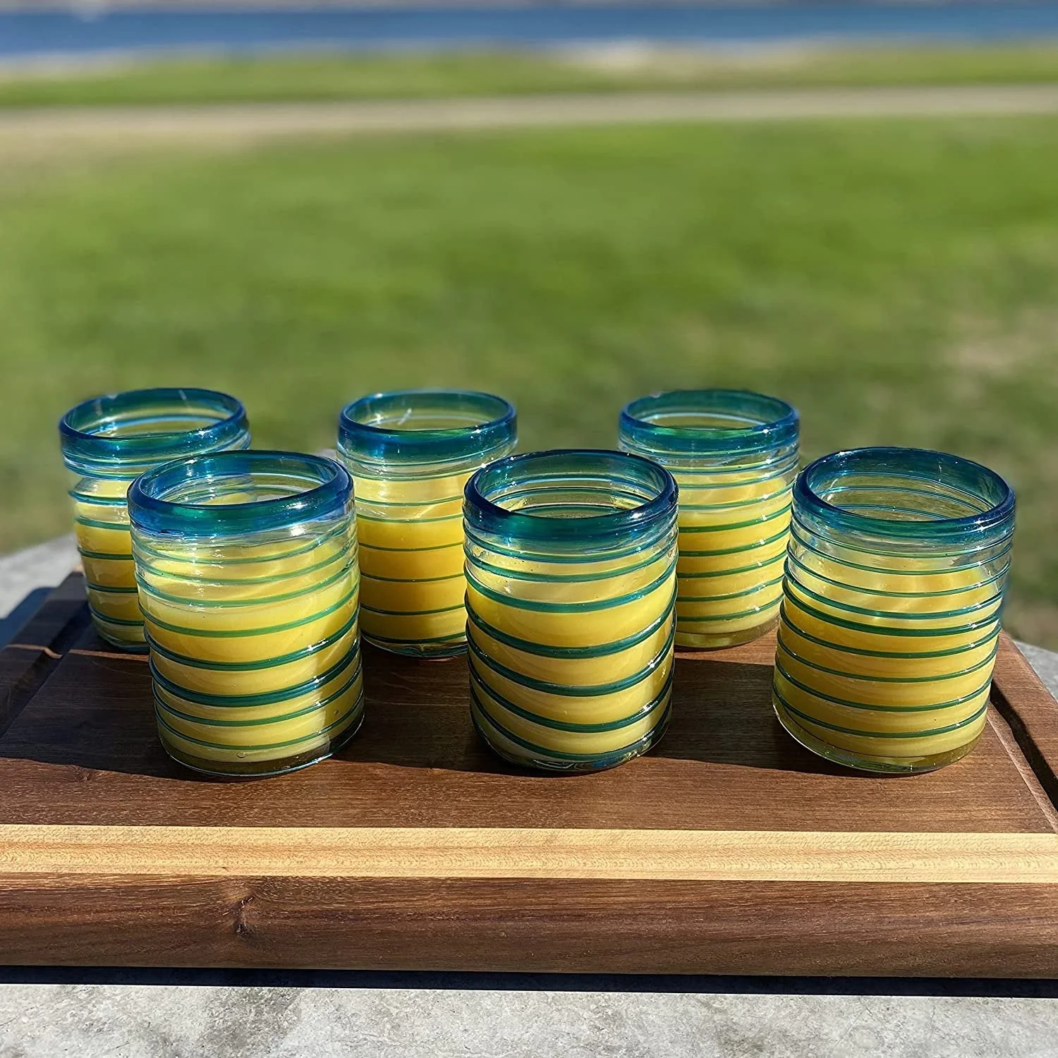 Hand Blown Mexican Drinking Glasses – Set of 6 Tumbler Glasses with an Aqua Spiral Design (10 oz each) - Image 4