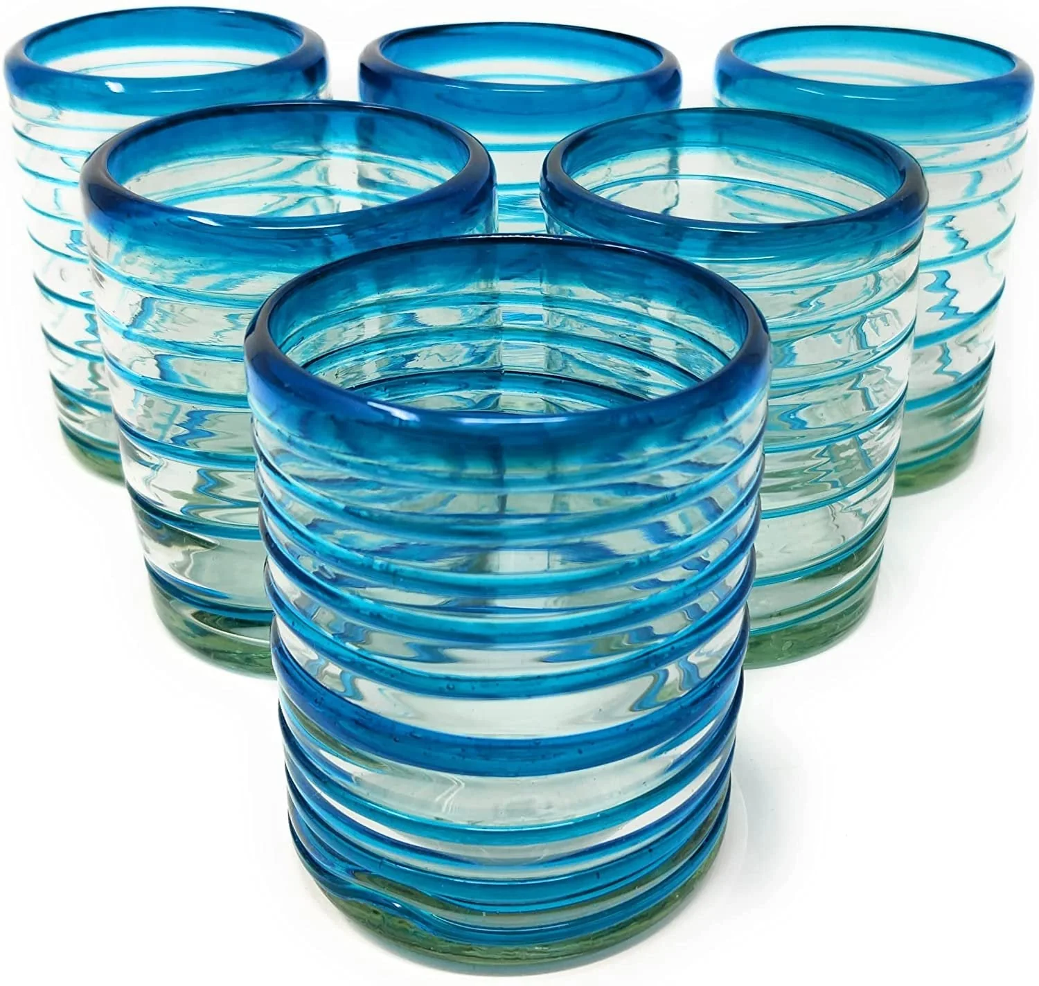 Hand Blown Mexican Drinking Glasses – Set of 6 Tumbler Glasses with an Aqua Spiral Design (10 oz each) - Image 6