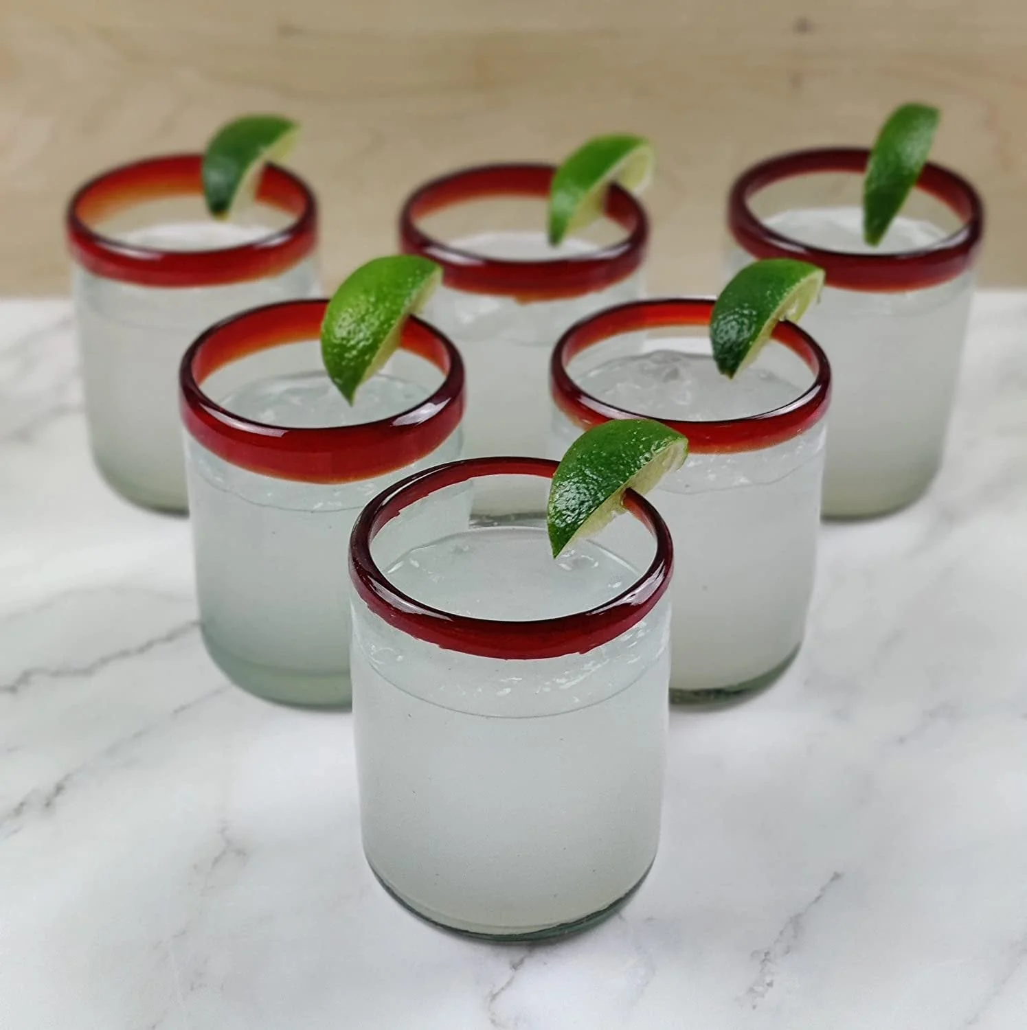 Hand Blown Mexican Drinking Glasses - Set of 6 Tumbler Glasses with Red Rims (10 oz each) - Image 2