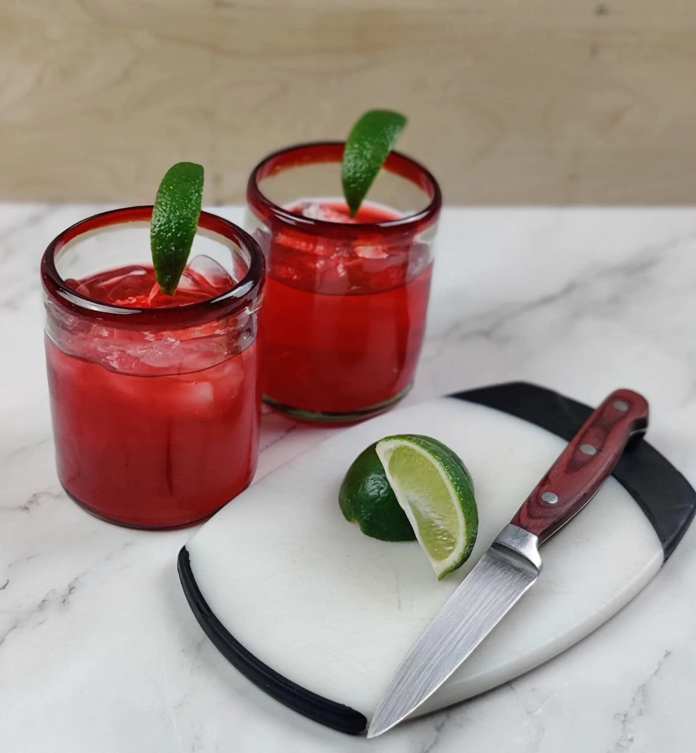 Hand Blown Mexican Drinking Glasses - Set of 6 Tumbler Glasses with Red Rims (10 oz each) - Image 4