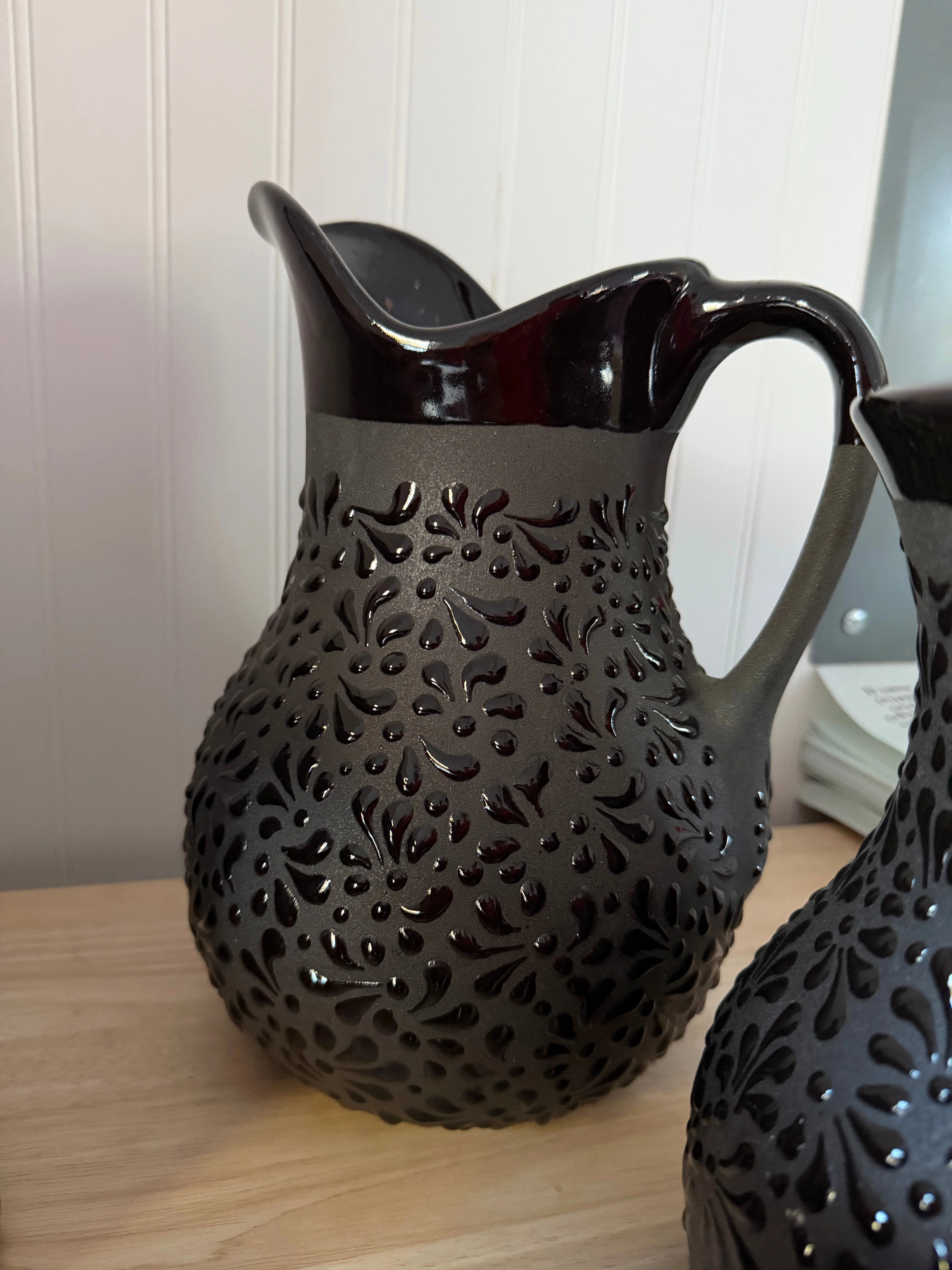 Talavera Style Black Hand-Painted Pitcher - Jarra Negra Barro - Image 3