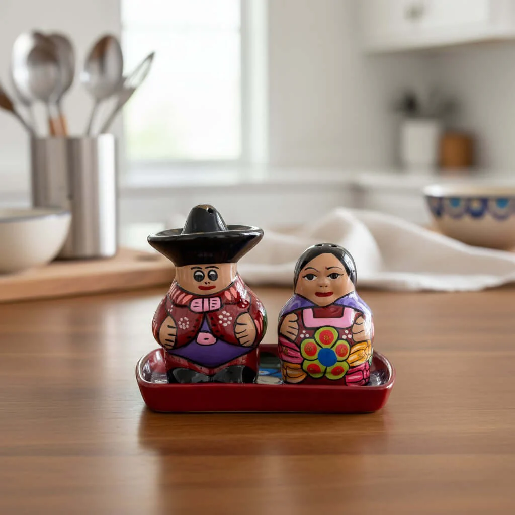 Hand-Painted Talavera Salt & Pepper Shakers | Couple on Tray - Image 3