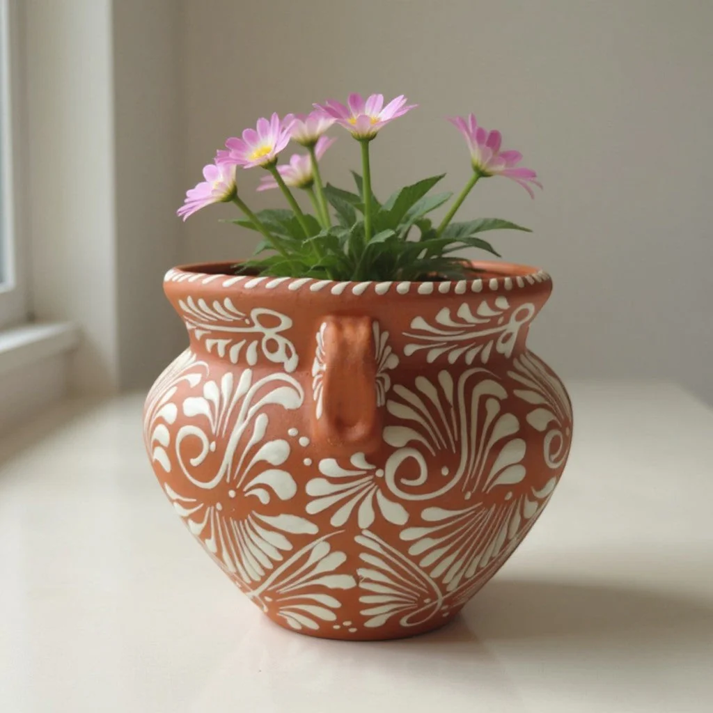Handcrafted Talavera Flower Pot | Terracotta & White Design - Image 3