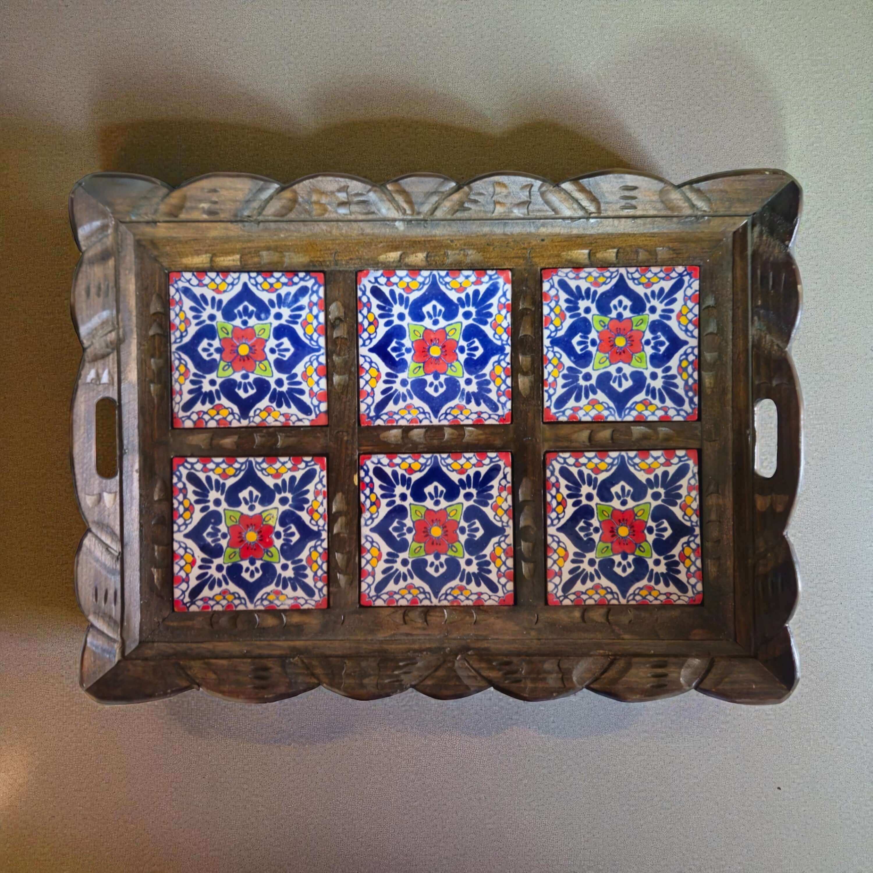 Handcrafted Talavera Tile Serving Tray | Mexican Wooden Tray - Image 3