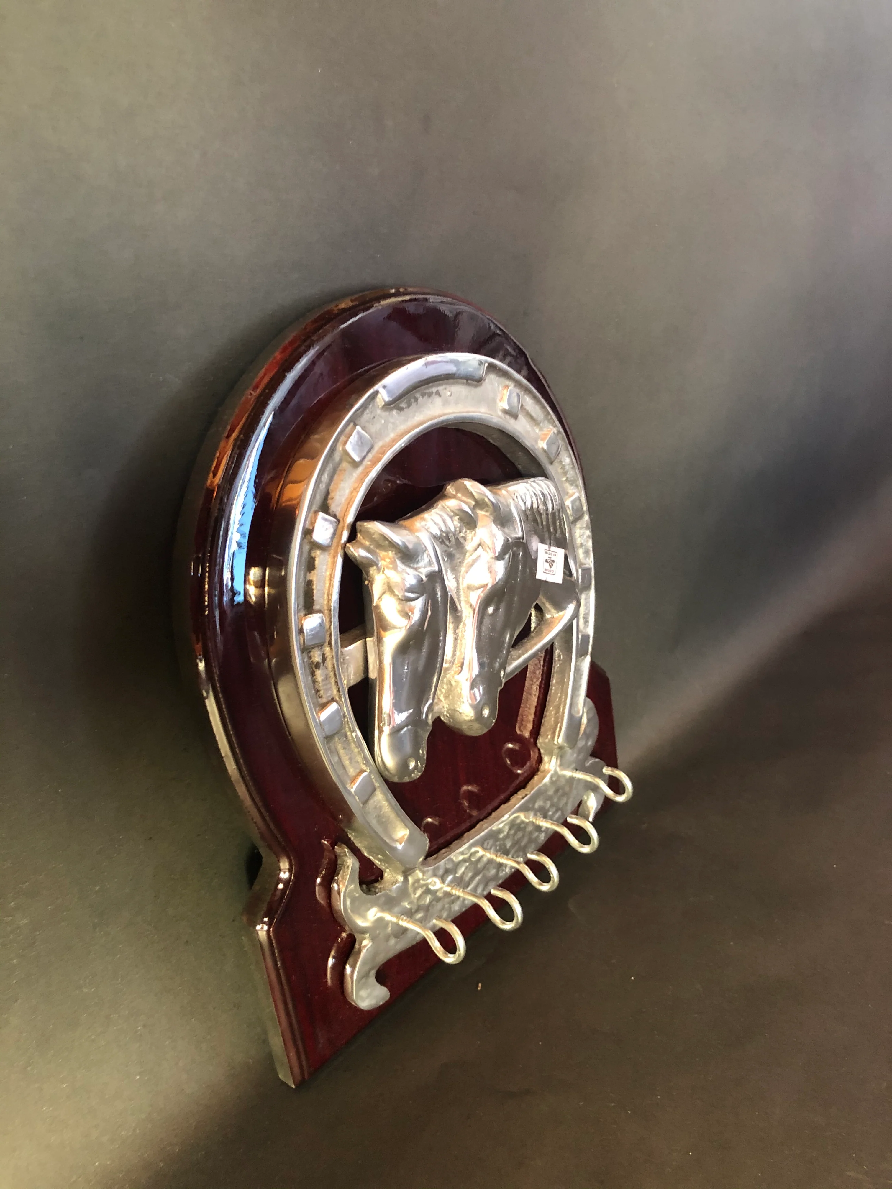 Horseshoe Key Holder Wooden Frame Pewter Metal Silver Horses - Image 3