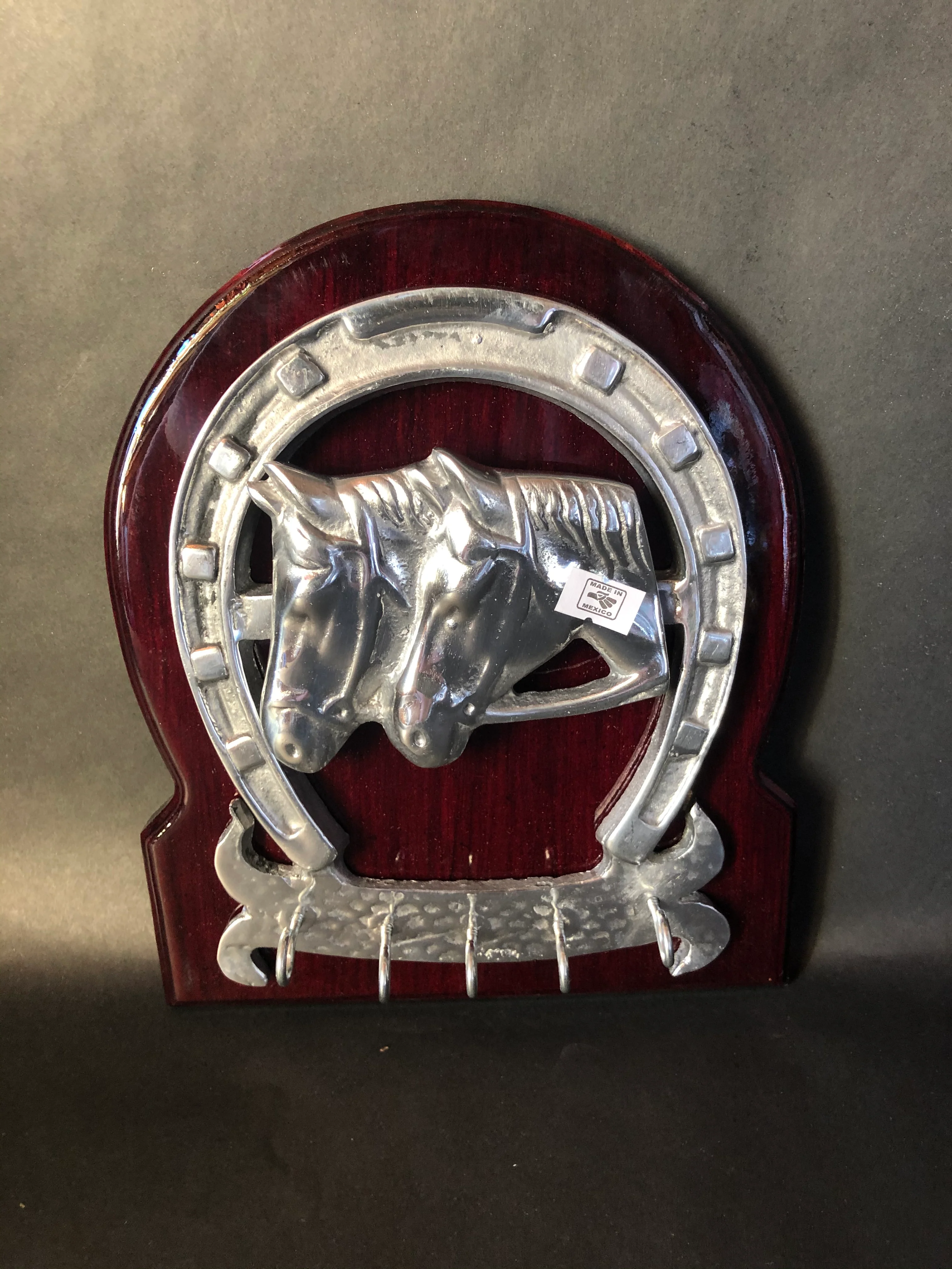 Horseshoe Key Holder Wooden Frame Pewter Metal Silver Horses - Image 4