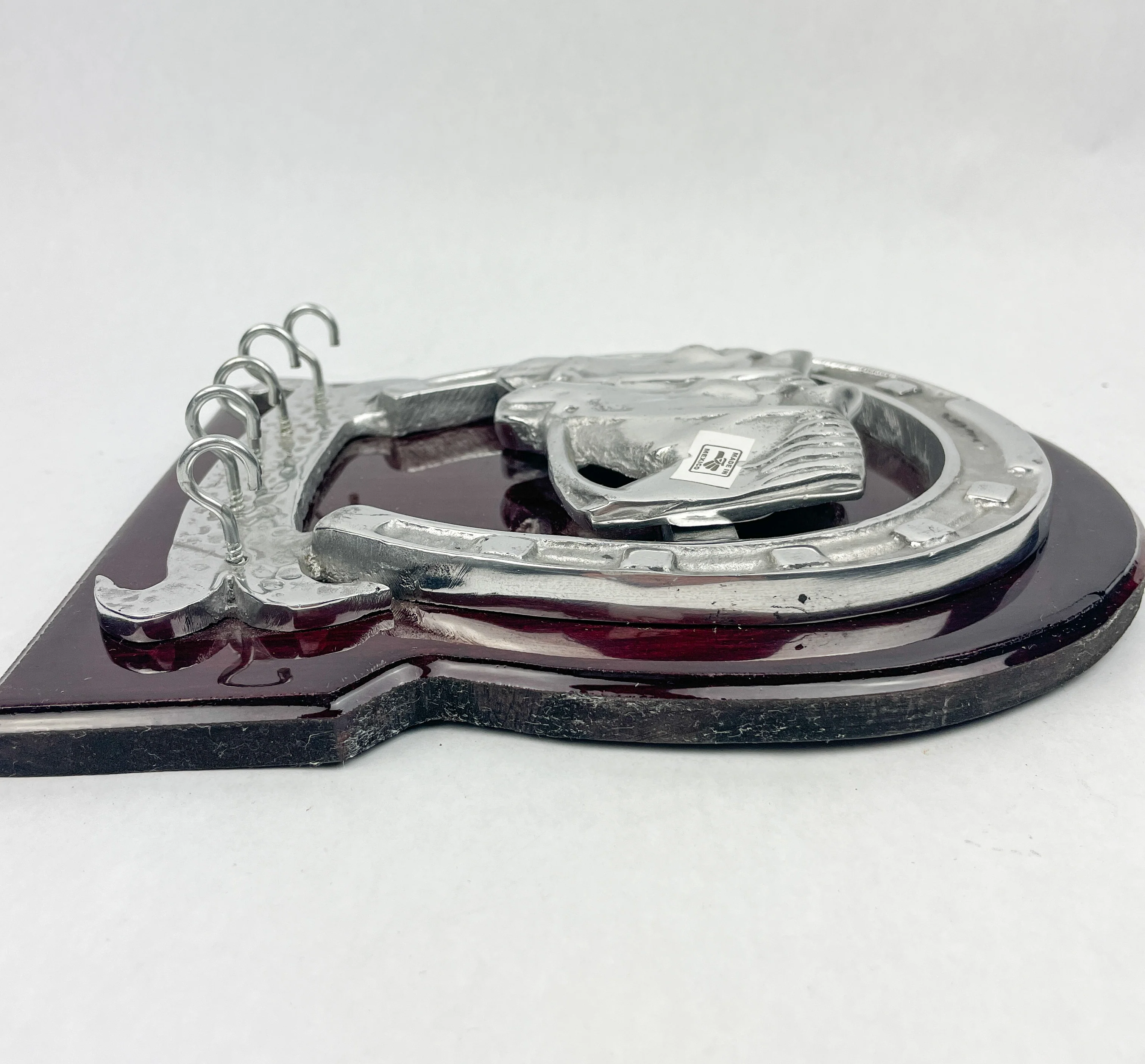 Horseshoe Key Holder Wooden Frame Pewter Metal Silver Horses - Image 6
