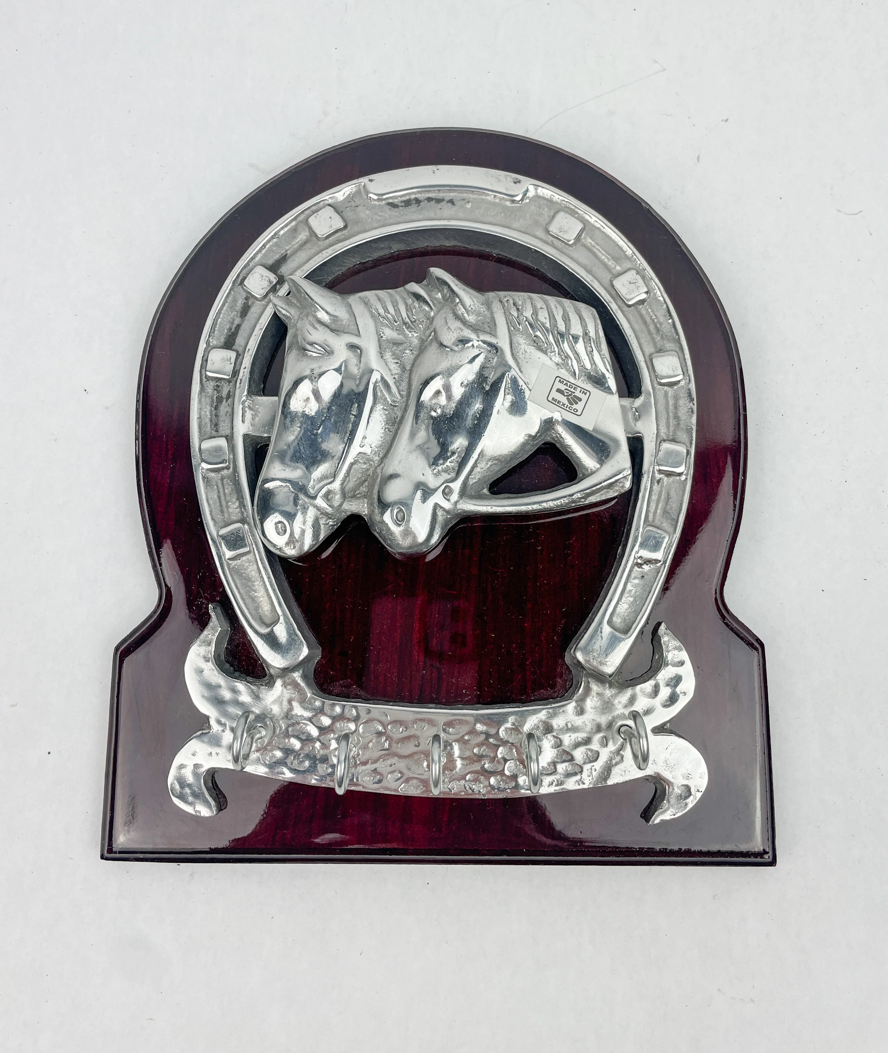 Horseshoe Key Holder Wooden Frame Pewter Metal Silver Horses - Image 7