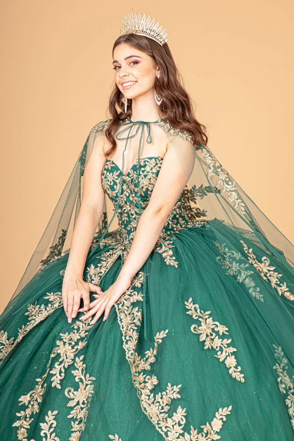 Jewel Embellished Tull Quinceanera Ball Gown w/ Embroidered Mesh Cape - Image 5