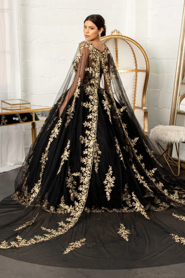 Jewel Embellished Tull Quinceanera Ball Gown w/ Embroidered Mesh Cape - Image 8
