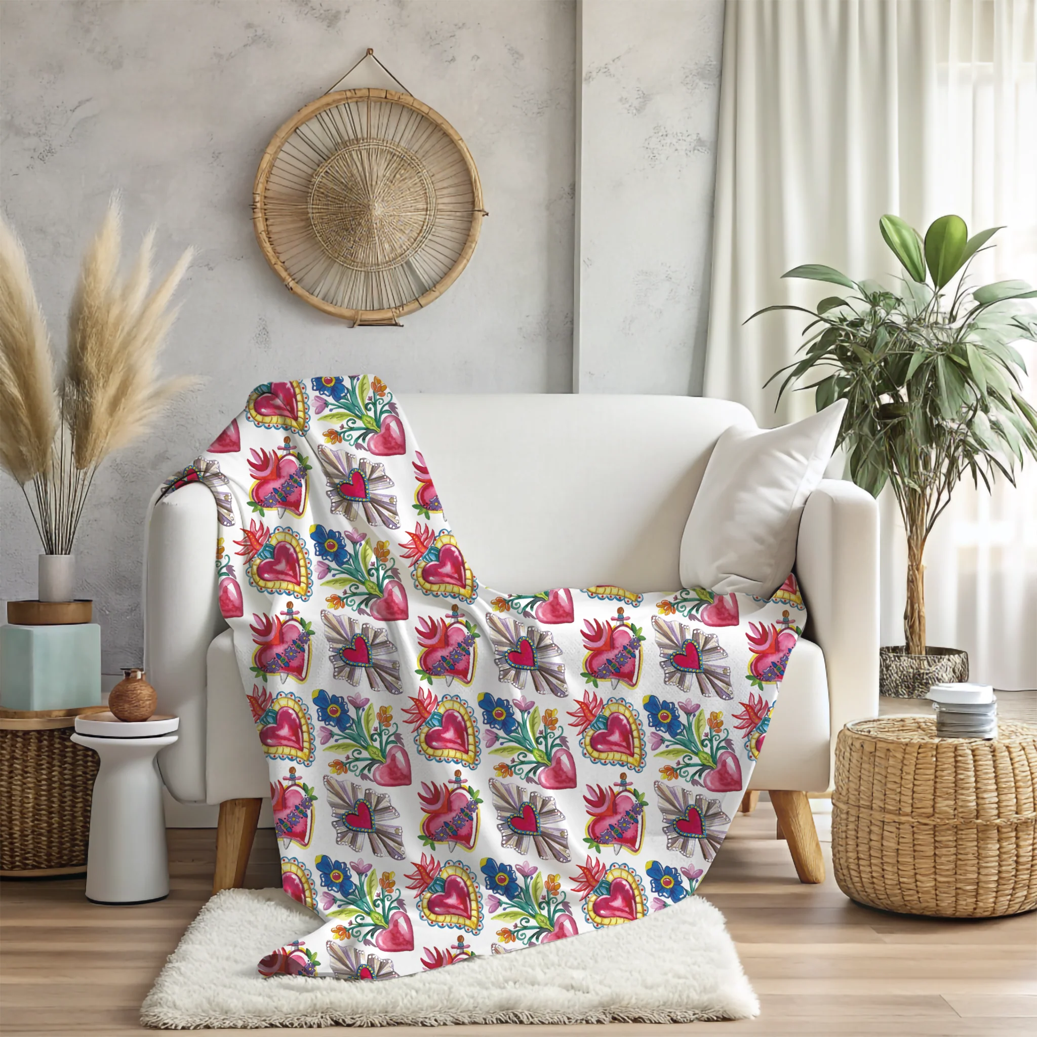 Sacred Hearts Printed Throw Blanket - Cobija Corazones