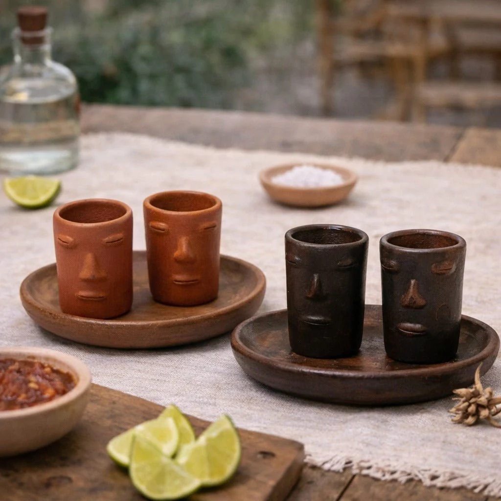 Oaxaca Red Clay Shot Glasses Set - Los Rostros Set Tequilero - Image 5